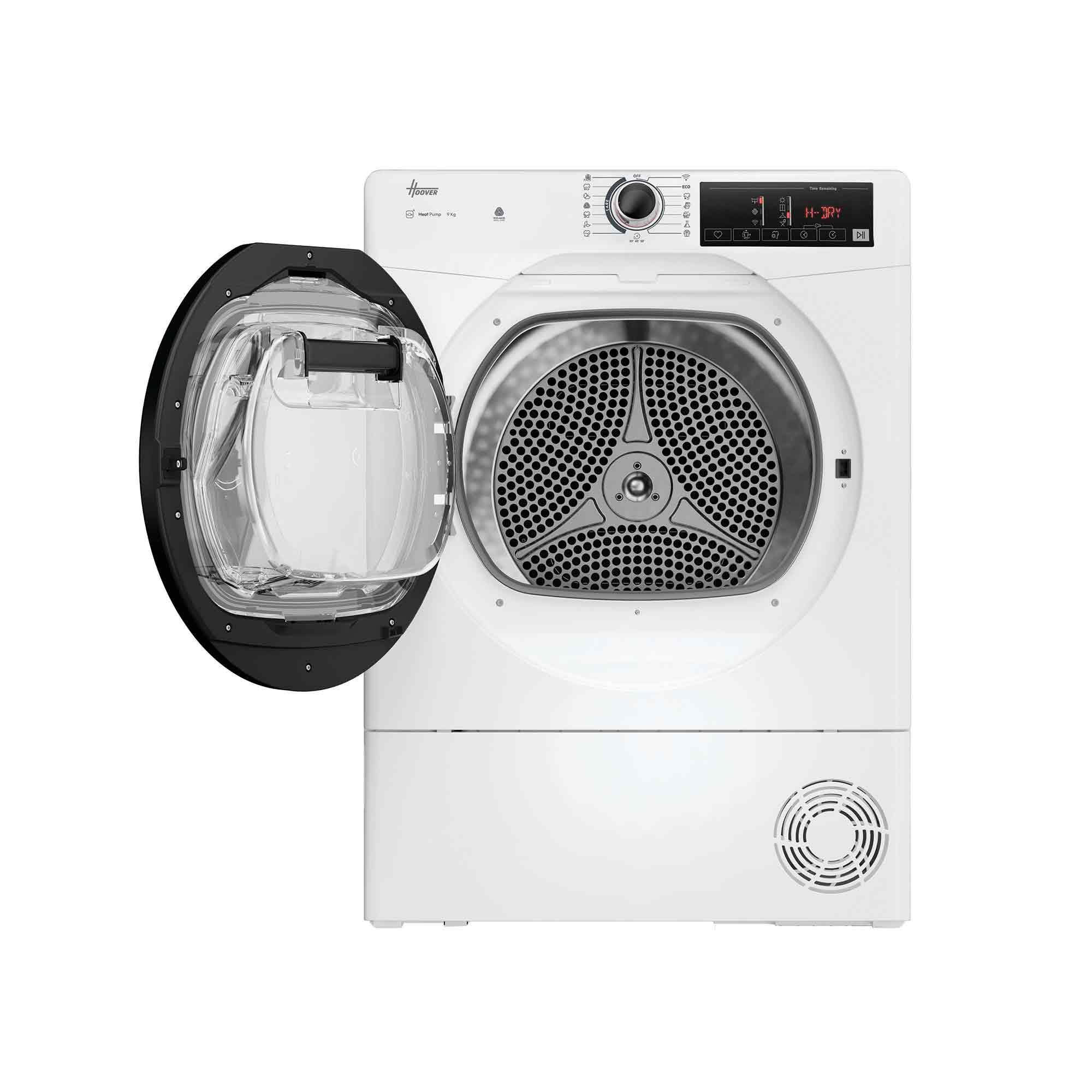 Weißer Hoover-Trockner mit geöffneter Tür. Bedienelemente oben. Trommel sichtbar. Schwarzer Türrahmen.