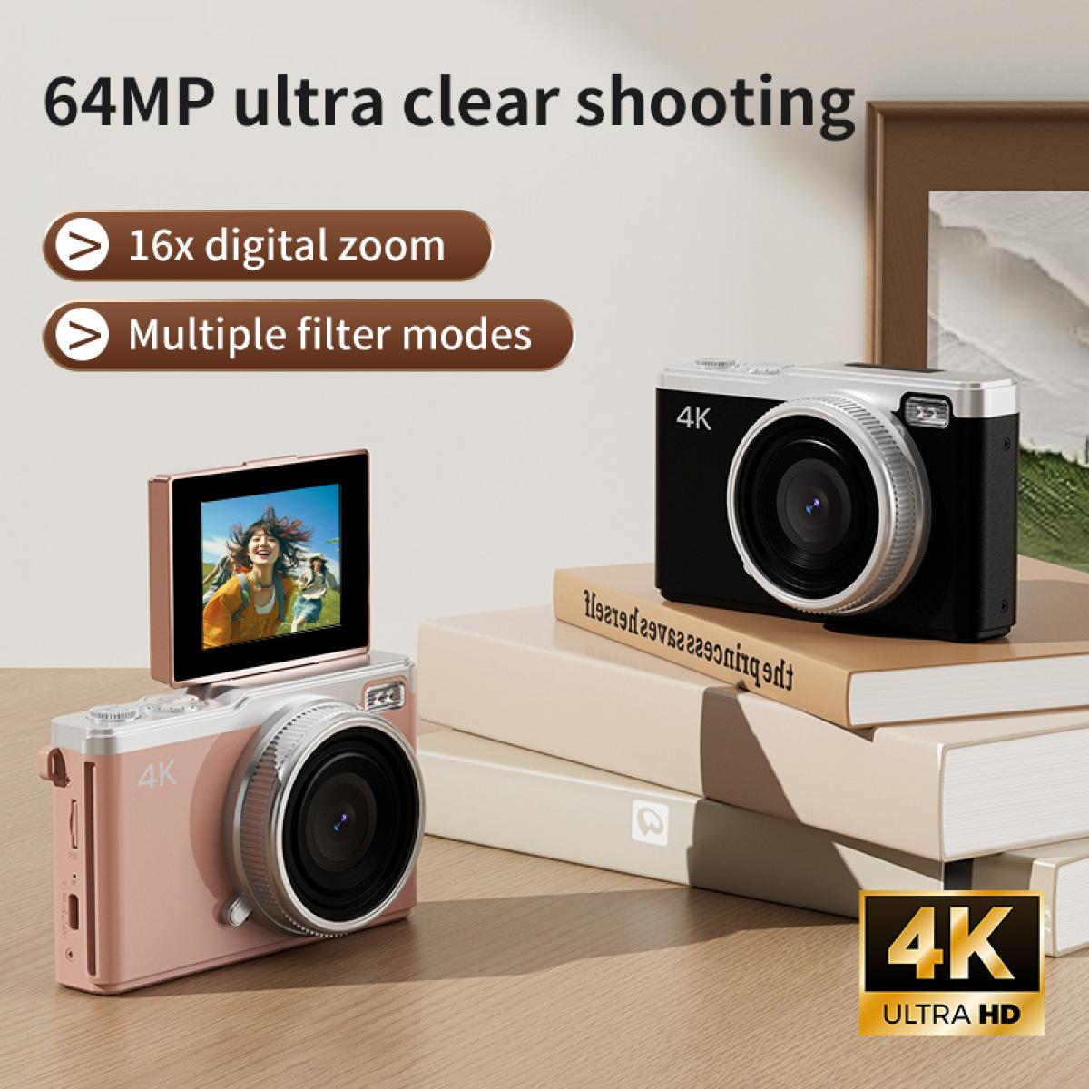 Zwei 4K-Kameras, eine rosa und eine schwarze, auf Büchern. Text sagt: '64MP ultra clear shooting', '16x digital zoom', 'Multiple filter modes'.
