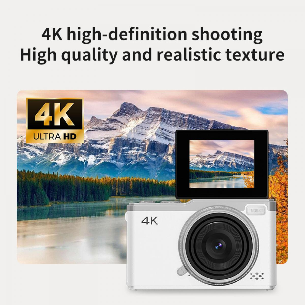 Eine weiße 4K-Kamera mit Objektiv vor einer Berglandschaft. Der Bildschirm zeigt die gleiche Ansicht.