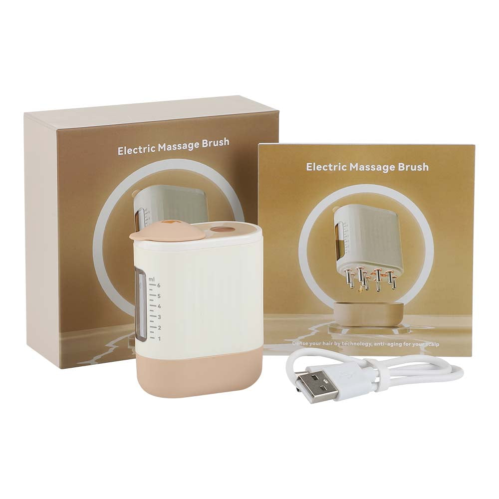 Eine elektrische Massagebürste mit einer Box. Die Bürste ist weiß und pfirsichfarben mit einem USB-Kabel. Auf der Box steht 'Electric Massage Brush'.