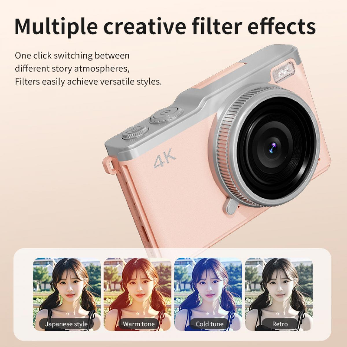 Eine rosa Kamera mit 4K-Etikett und Filtereffekten. Darunter sind vier Fotos einer Frau mit verschiedenen Stilen zu sehen.