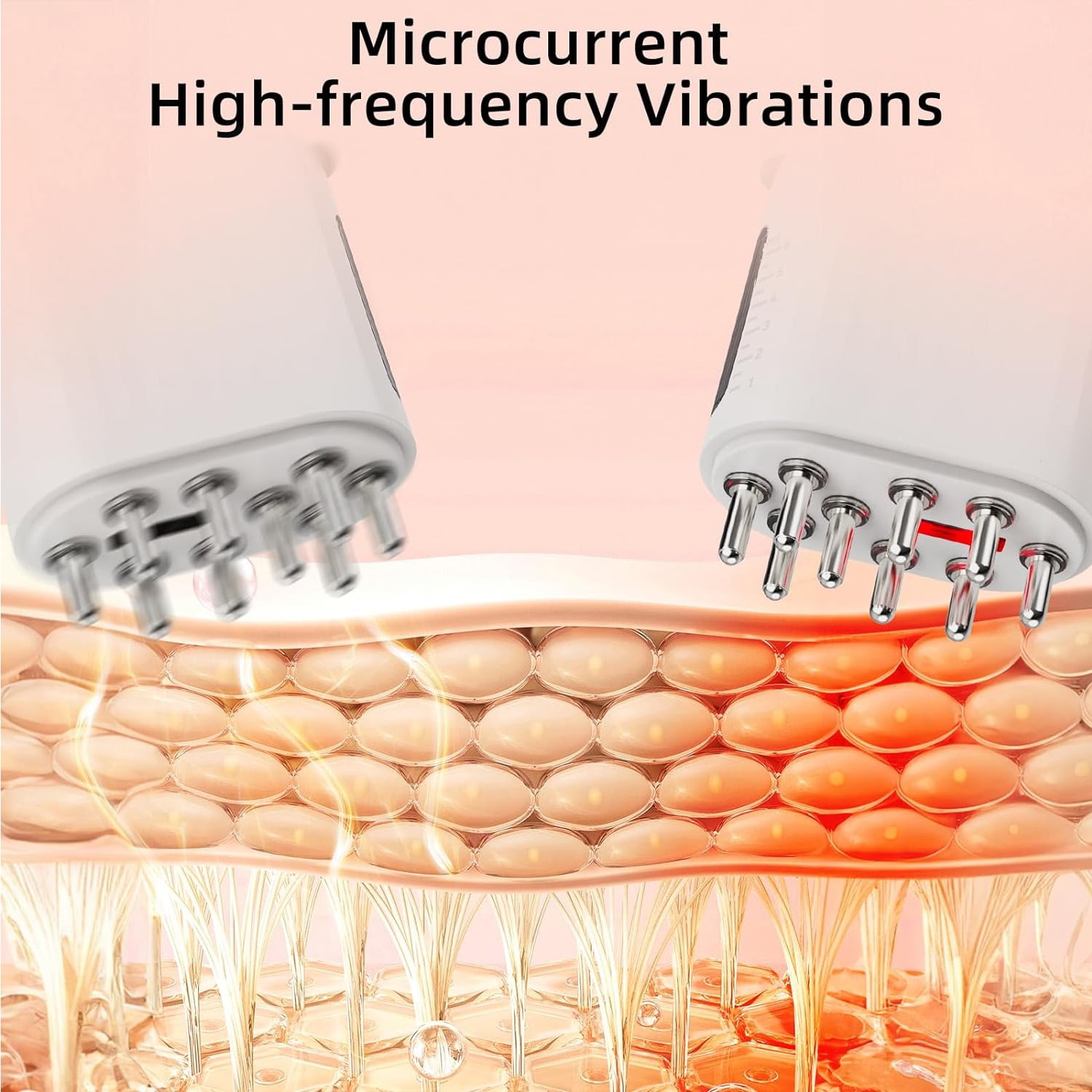 Das Bild zeigt ein Mikrostromgerät mit Nadeln in der Nähe von Hautschichten. Hautzellen sind hellbraun/orange. Der Text oben lautet: Mikrostrom Hochfrequenz-Vibrationen.
