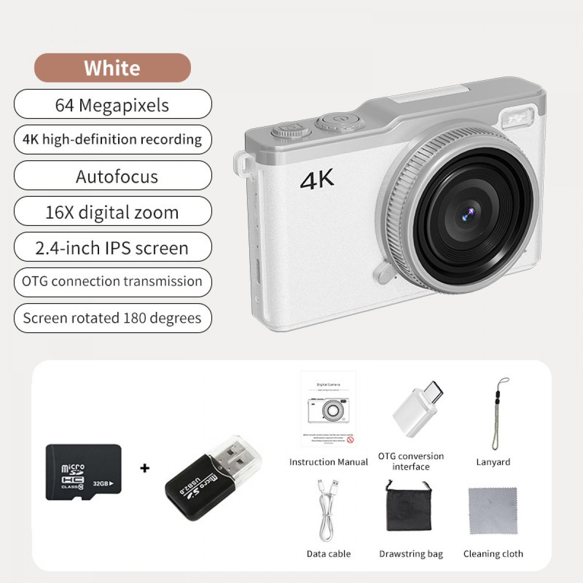 Eine weiße Digitalkamera mit Funktionen wie 4K-Aufnahme und 2,4-Zoll-Bildschirm sowie Zubehör wie Speicherkarte und USB-Adapter.