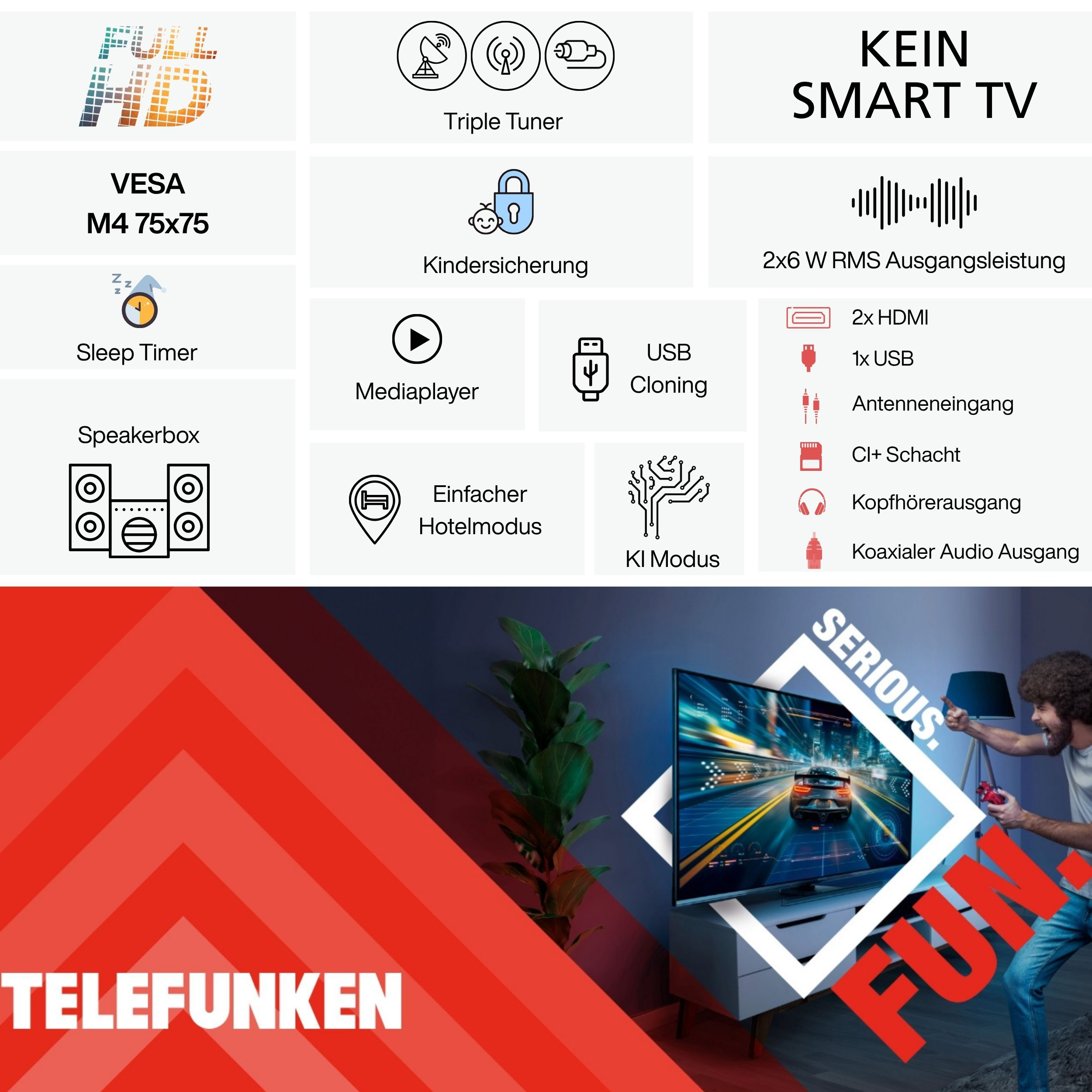 TV-Werbung: Funktionen aufgelistet, Mann zeigt auf Bildschirm, Autorennen-Bild, Wörter 'Serious' und 'Fun'.
