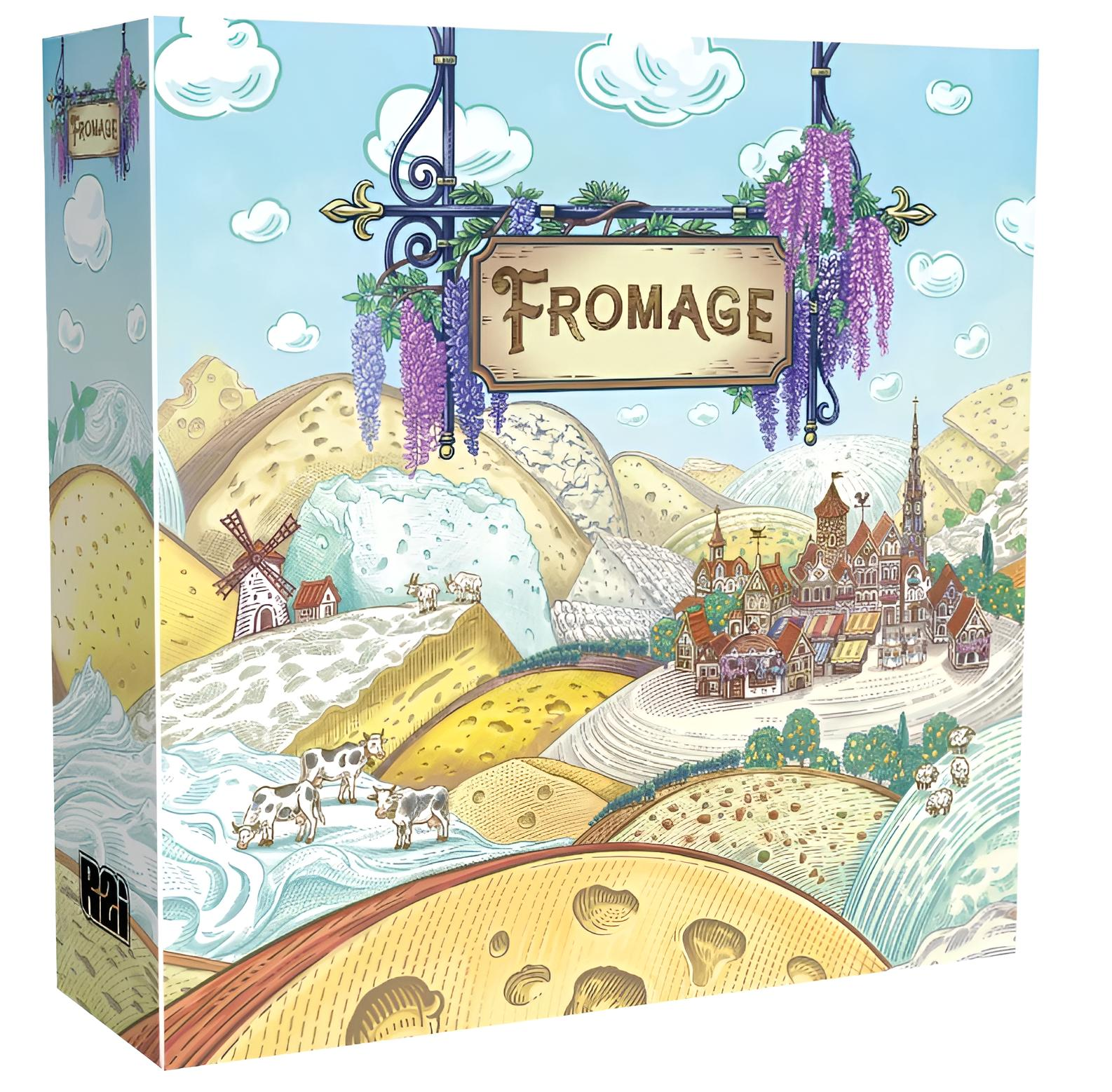Schachtelkunst für das Brettspiel 'Fromage'. Zeigt Käsehügel, ein Dorf, Kühe, eine Windmühle und ein Schild mit 'Fromage'.