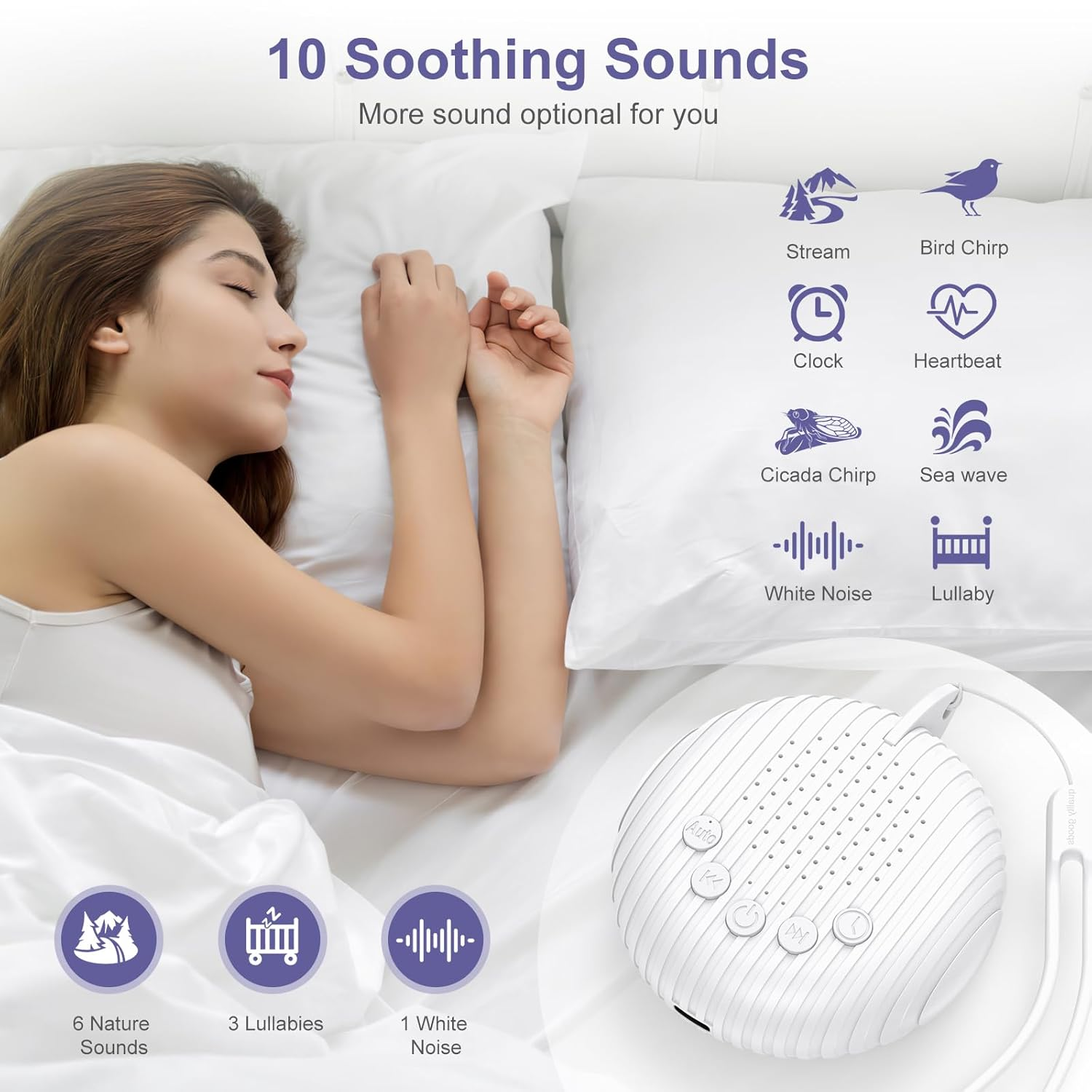 Eine Frau schläft im Bett. Symbole für Geräusche wie Bach, Vogelgezwitscher, Uhr und Herzschlag werden angezeigt. Eine weiße Soundmaschine steht auf einem Tisch.