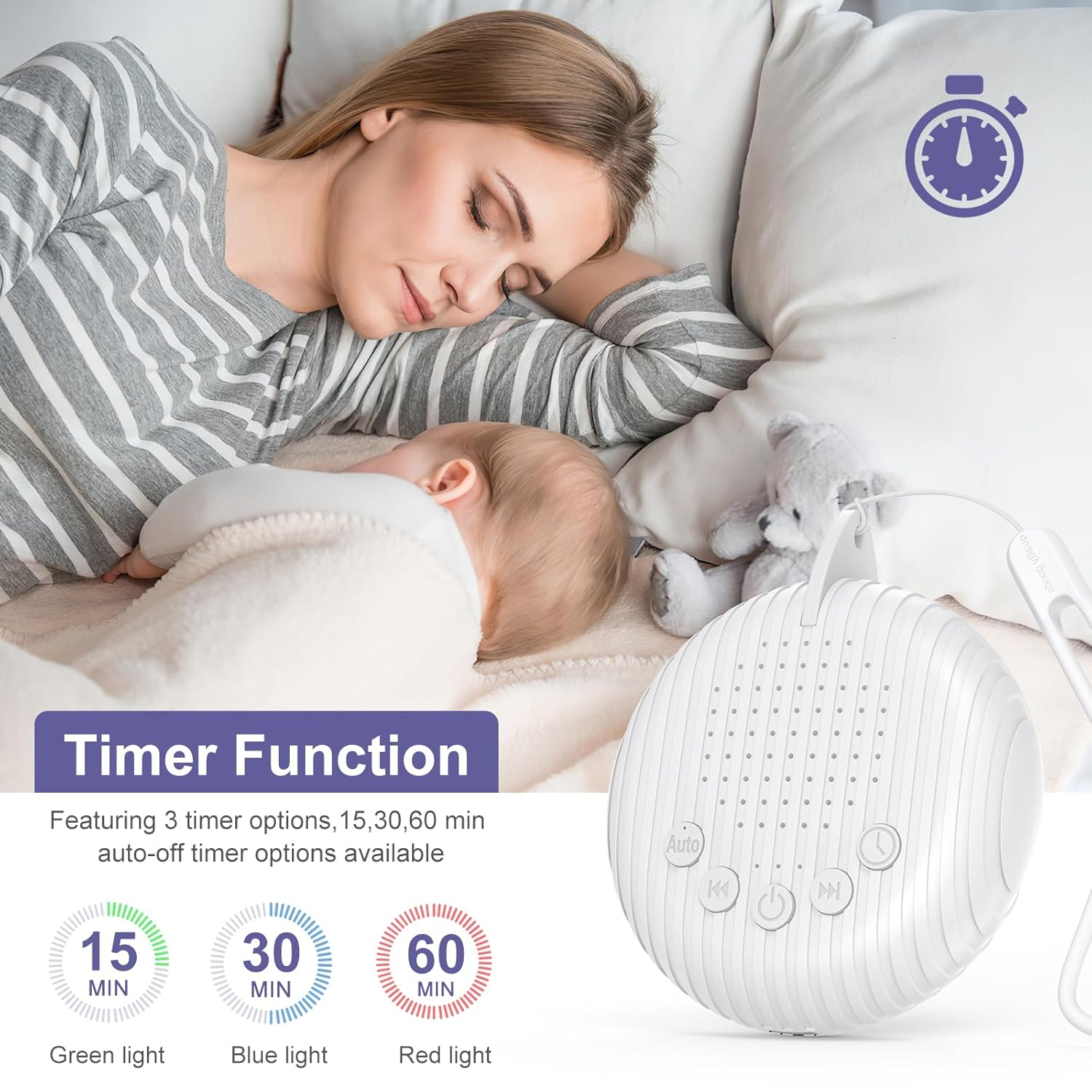 Eine Frau und ein Baby schlafen auf einem Bett. Es gibt ein Soundgerät mit Timer-Optionen von 15, 30 und 60 Minuten.
