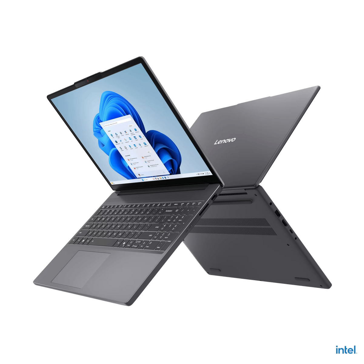 Un portátil Lenovo gris está abierto, mostrando la interfaz de Windows 11. El fondo es negro. El logotipo de Intel es visible abajo a la derecha.