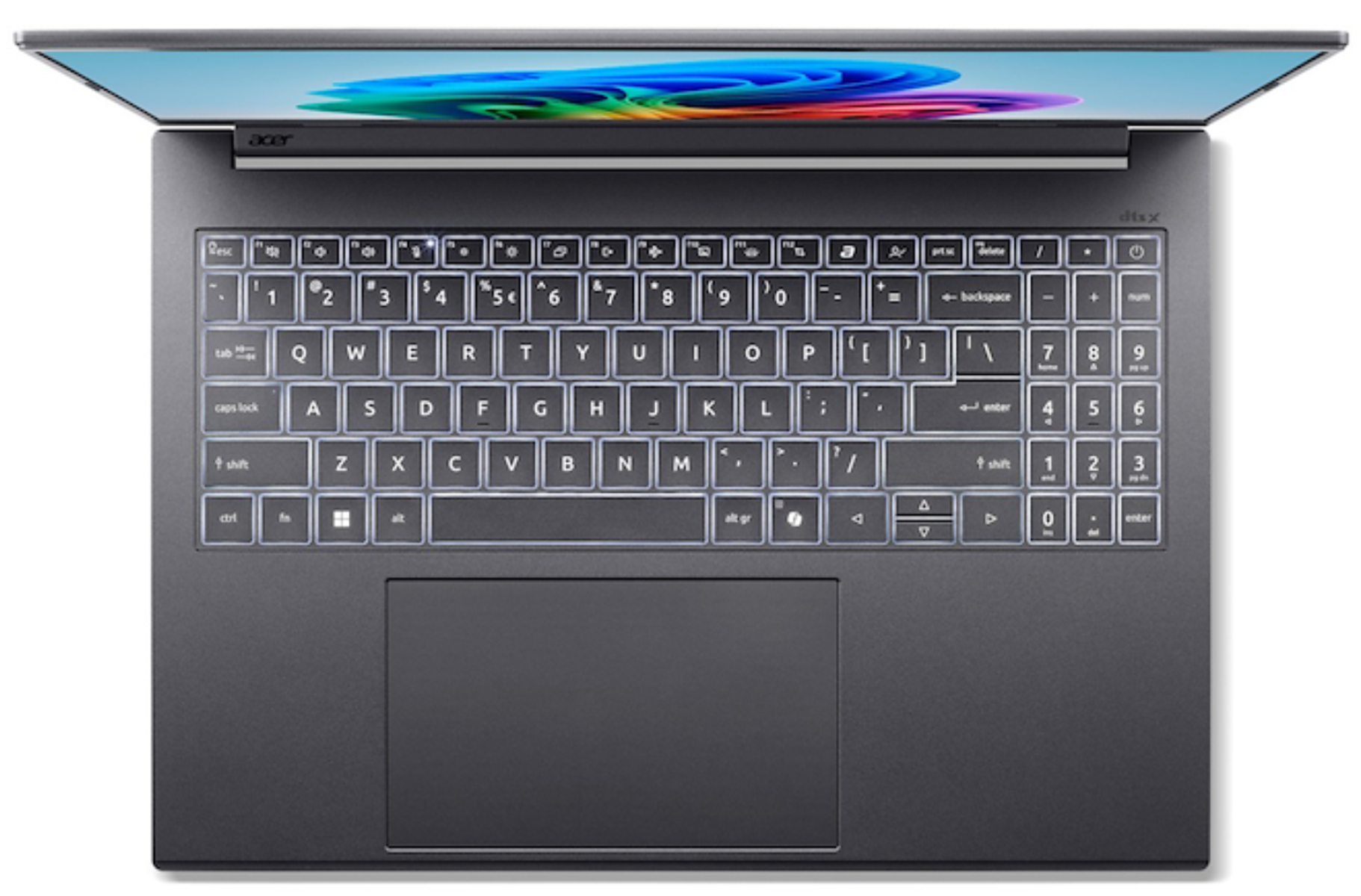 Un portátil con la pantalla abierta, mostrando un teclado iluminado. La pantalla muestra una imagen abstracta colorida. El cuerpo es gris oscuro.
