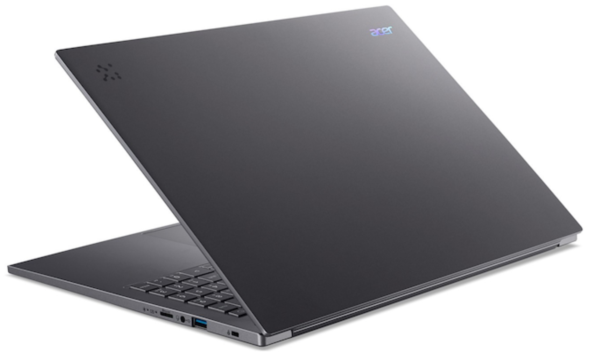 Una laptop Acer gris oscuro está abierta, mostrando el teclado y la pantalla. El logotipo de Acer es visible en la tapa.