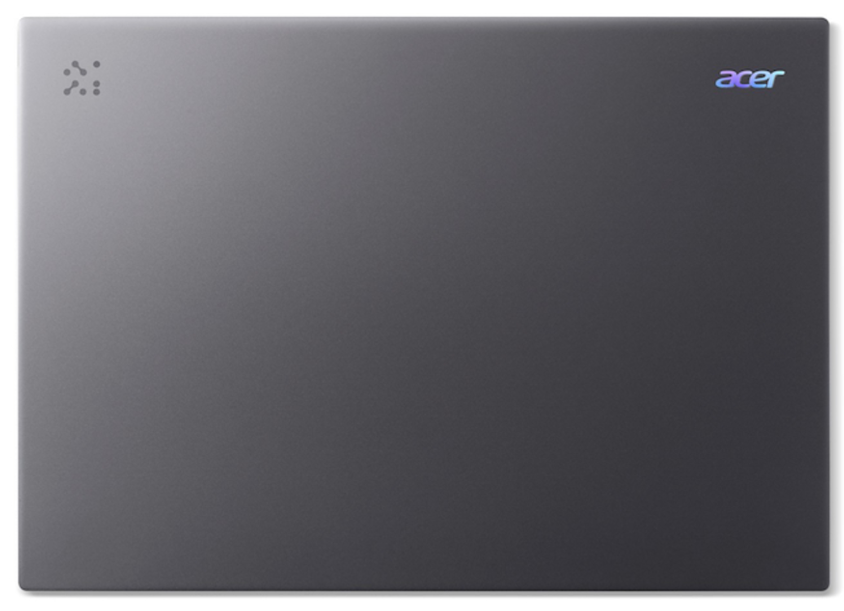 Tapa de portátil gris oscuro. El logotipo de Acer es visible en la parte superior derecha. Un patrón de puntos está arriba a la izquierda.