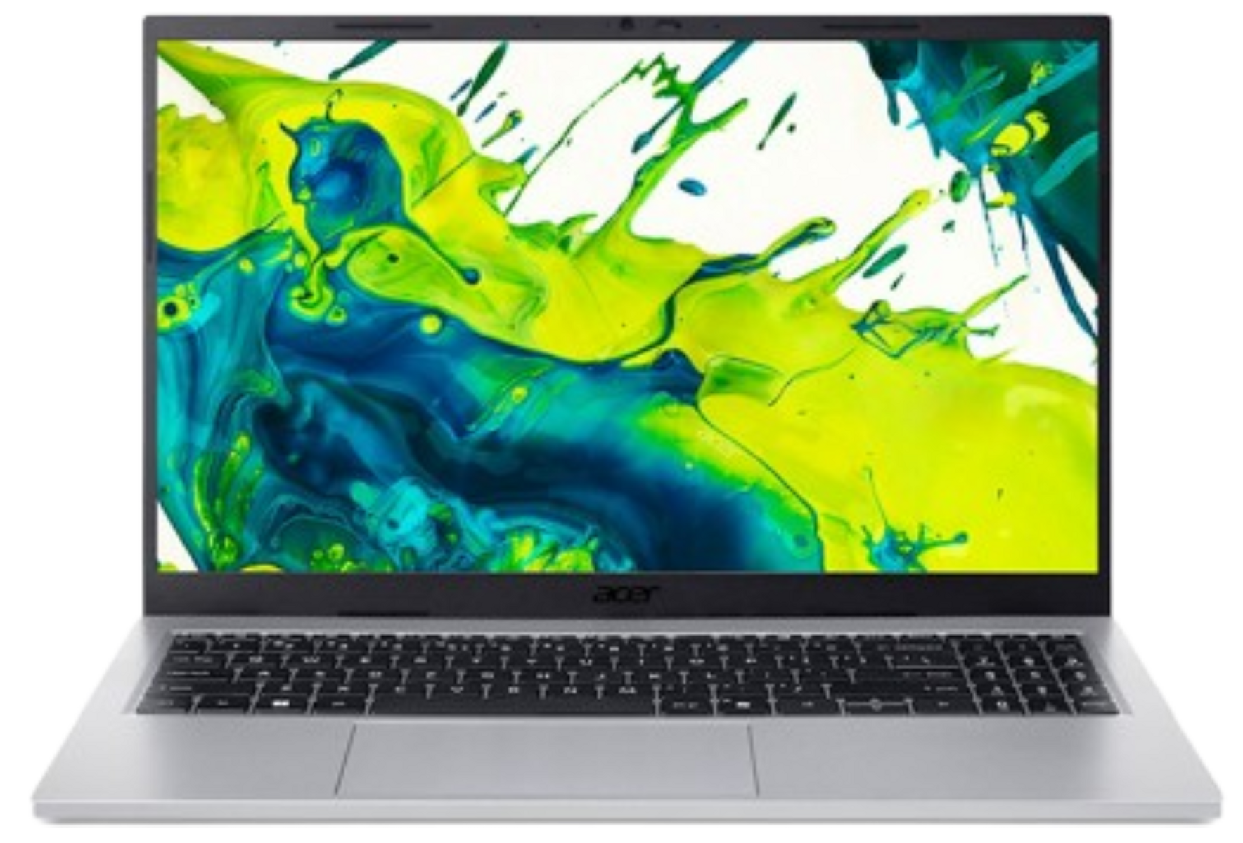 Portátil Acer plateado con pantalla que muestra trazos de pintura verde y azul. Teclado abajo, logo Acer visible.