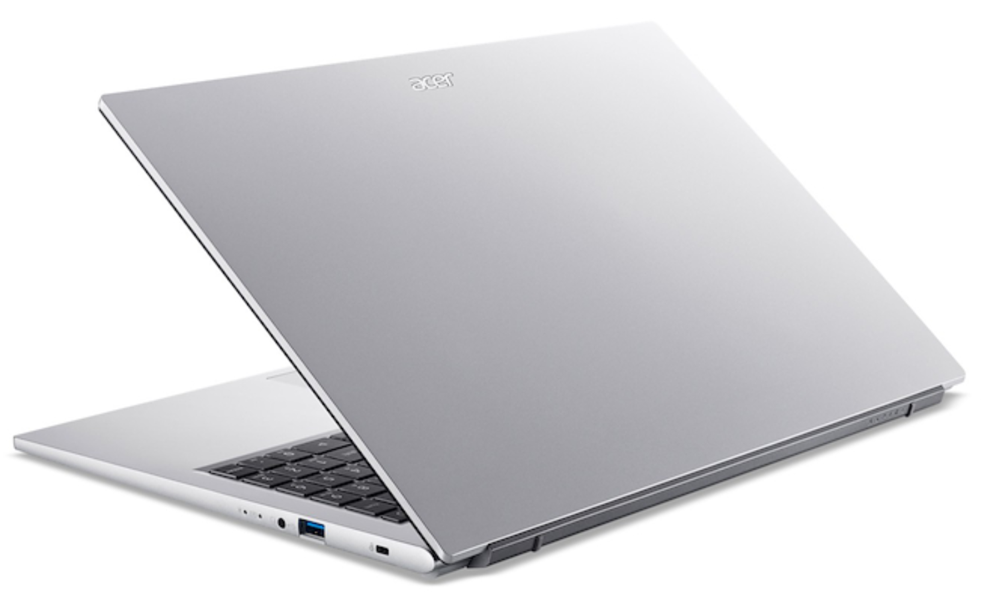 Un portátil Acer plateado está parcialmente abierto. El teclado es visible, con la pantalla inclinada hacia atrás. El fondo es blanco.