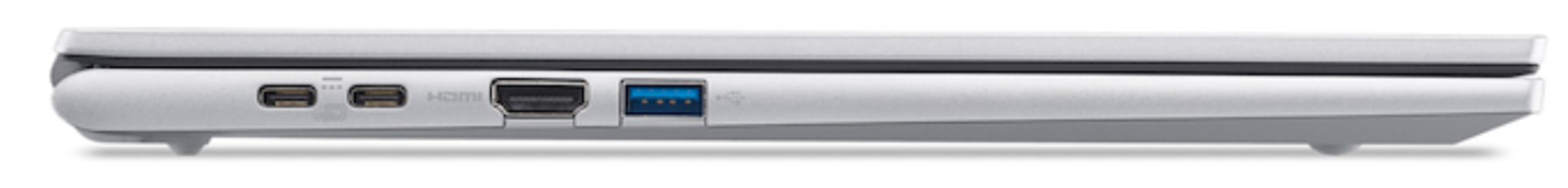 Vista lateral de una laptop plateada. Los puertos visibles incluyen USB, HDMI y USB-C. La laptop está ligeramente abierta.
