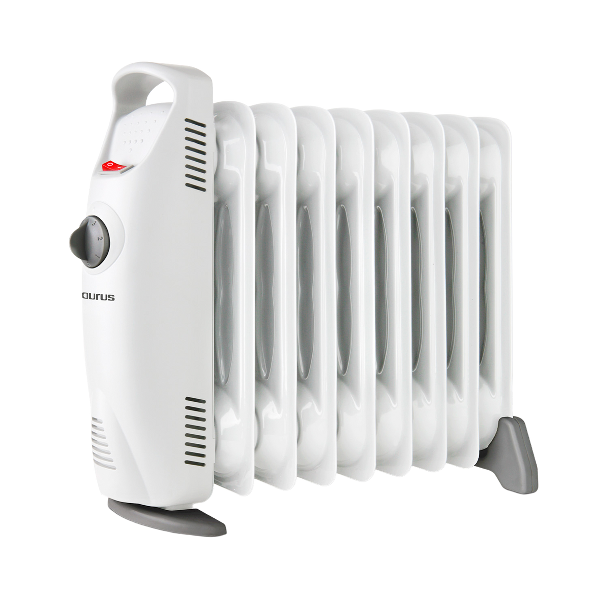 Biały grzejnik olejowy z uchwytem i elementami sterującymi na czarnym tle. Grzejnik ma kilka pionowych żeber.