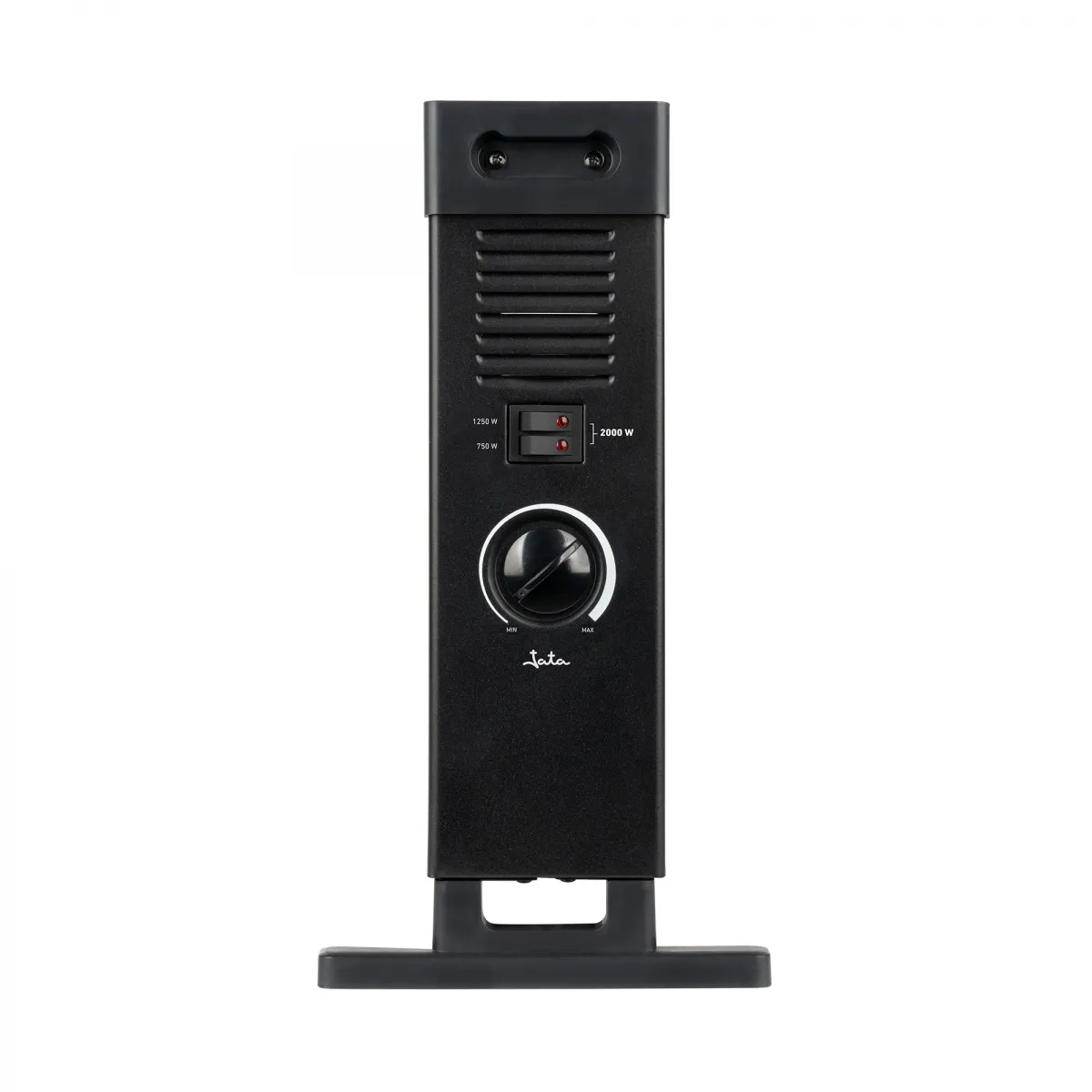 Un calefactor eléctrico negro con perillas de control y ajustes de potencia está centrado sobre un fondo blanco, tiene una base y un asa en la parte superior.