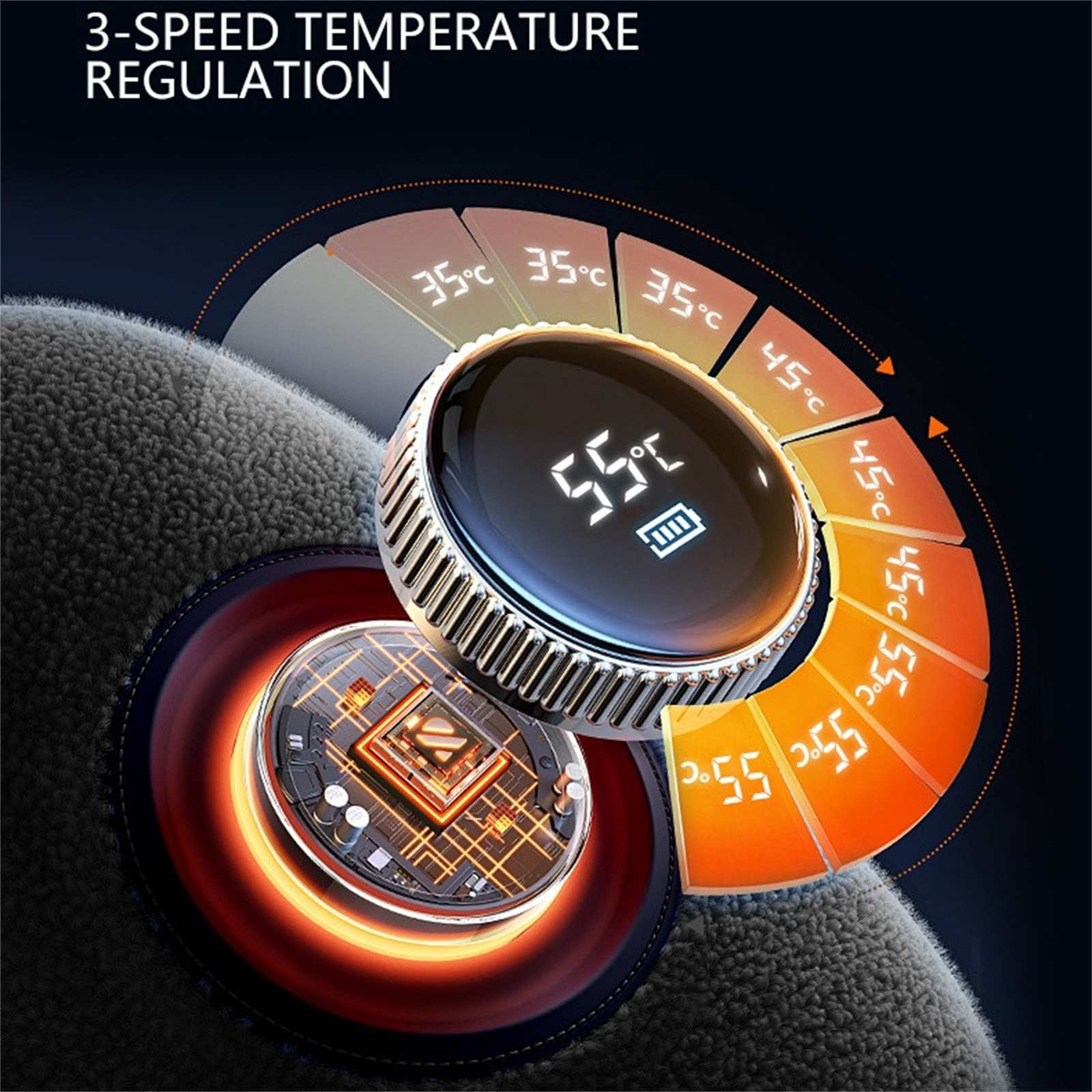 Nahaufnahme eines Temperaturregelgeräts mit Digitalanzeige, die 55°C und Batteriestand anzeigt.