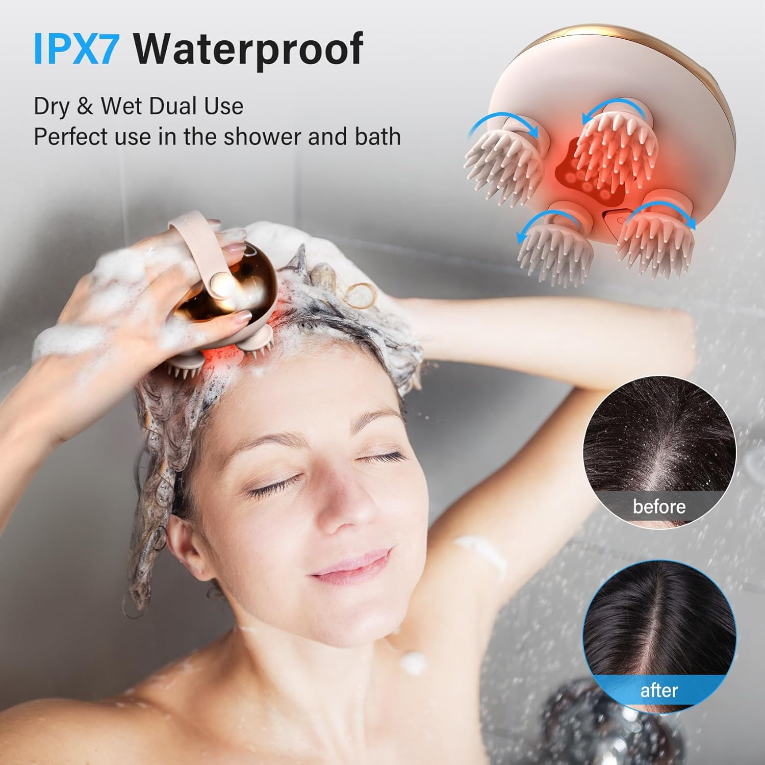 Eine Frau benutzt im Duschbad ein Haarmassagegerät. Vorher- und Nachher-Bilder zeigen den Unterschied. Text: IPX7 wasserdicht, trocken & nass.