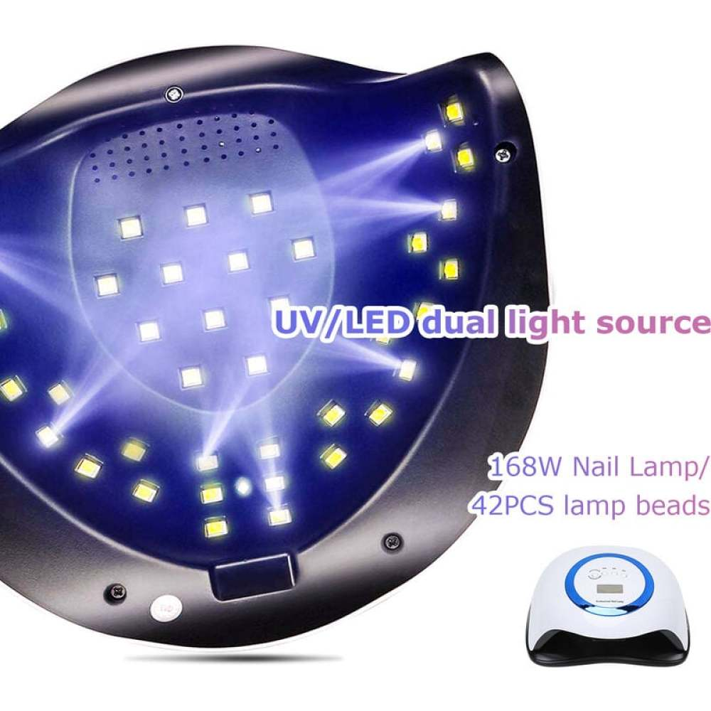 Eine UV/LED-Doppellicht-Quellennagellampe. Sie ist schwarz und blau mit hellen Lichtern und hat eine kleinere Lampe daneben.