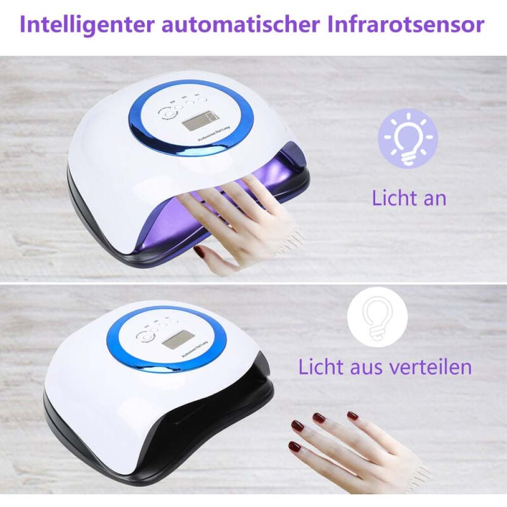 Das Bild zeigt eine Nagellampe mit einer Hand darin. Die Lampe ist weiß mit blauen Akzenten. Text sagt 'Licht an' und 'Licht aus verteilen'.