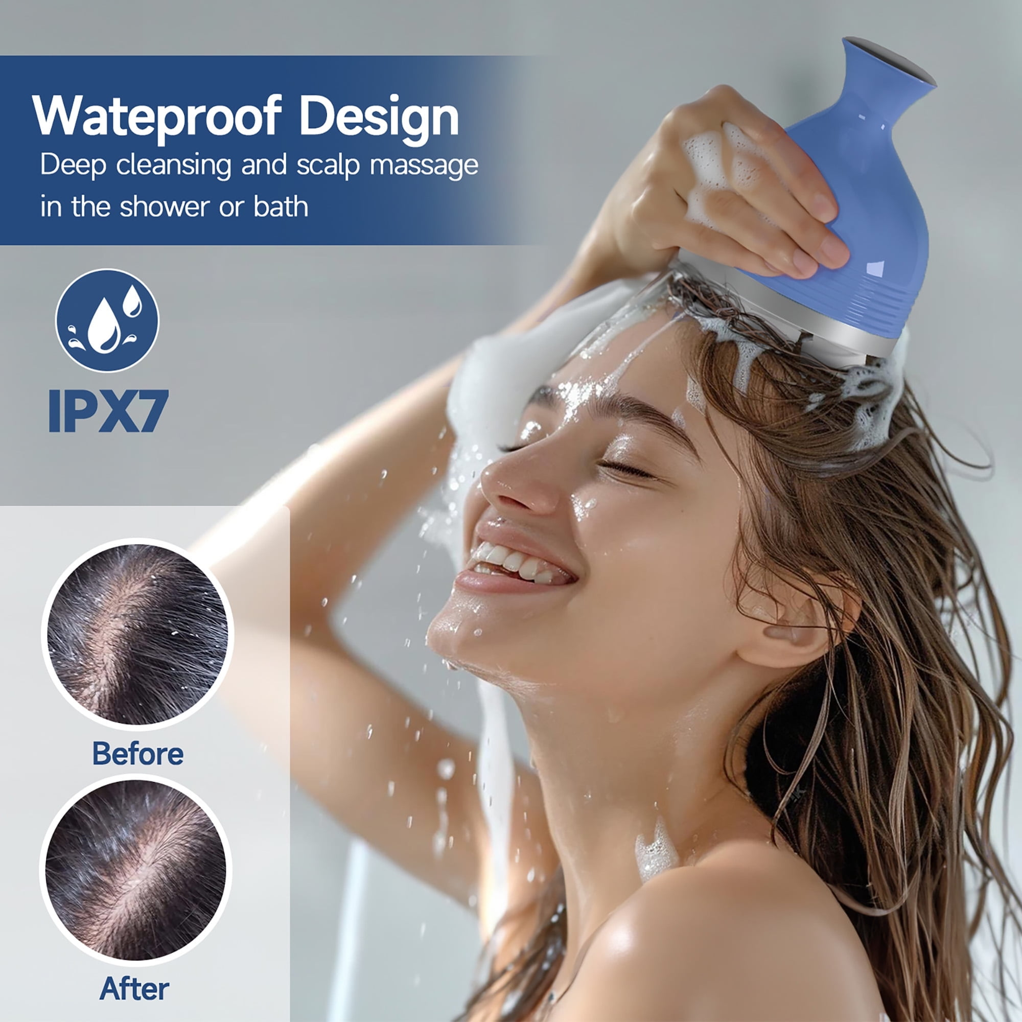 Eine Frau benutzt im Duschraum ein blaues Kopfmassagegerät, mit Vorher-/Nachher-Bildern der Kopfhaut und Text 'Waterproof Design'.