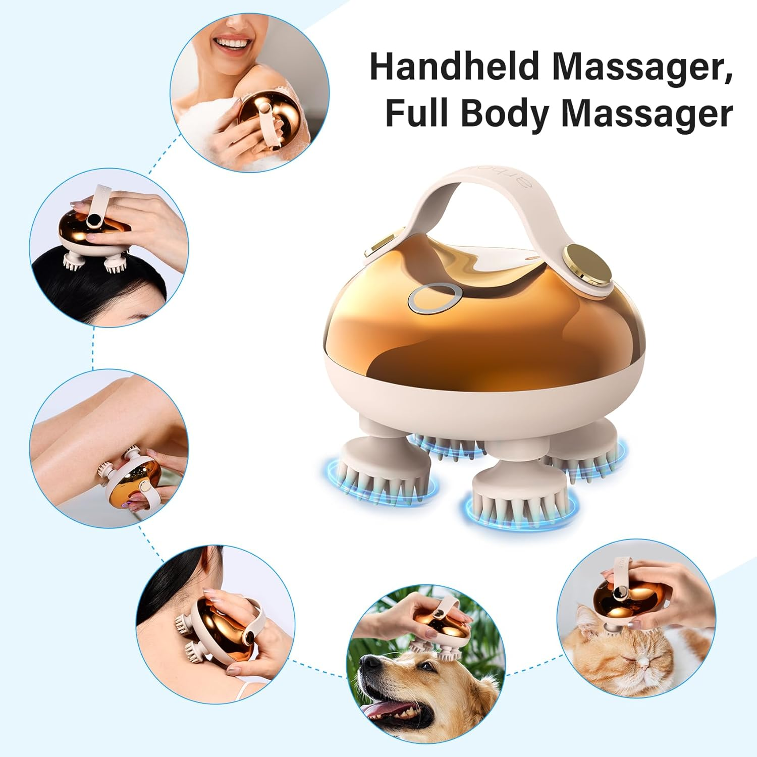 Ein Handmassagegerät mit gold-weißem Design. Es wird an Menschen, Hunden und Katzen zur Ganzkörpermassage gezeigt.