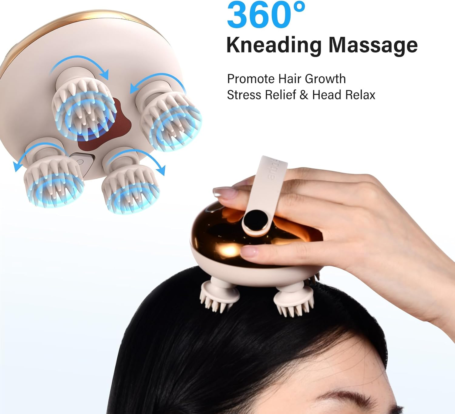 Eine Person verwendet ein weiß-goldenes Kopfmassagegerät mit rotierenden Borsten auf ihrem Haar. Der Text lautet 'Knetmassage' und fördert das Haarwachstum.