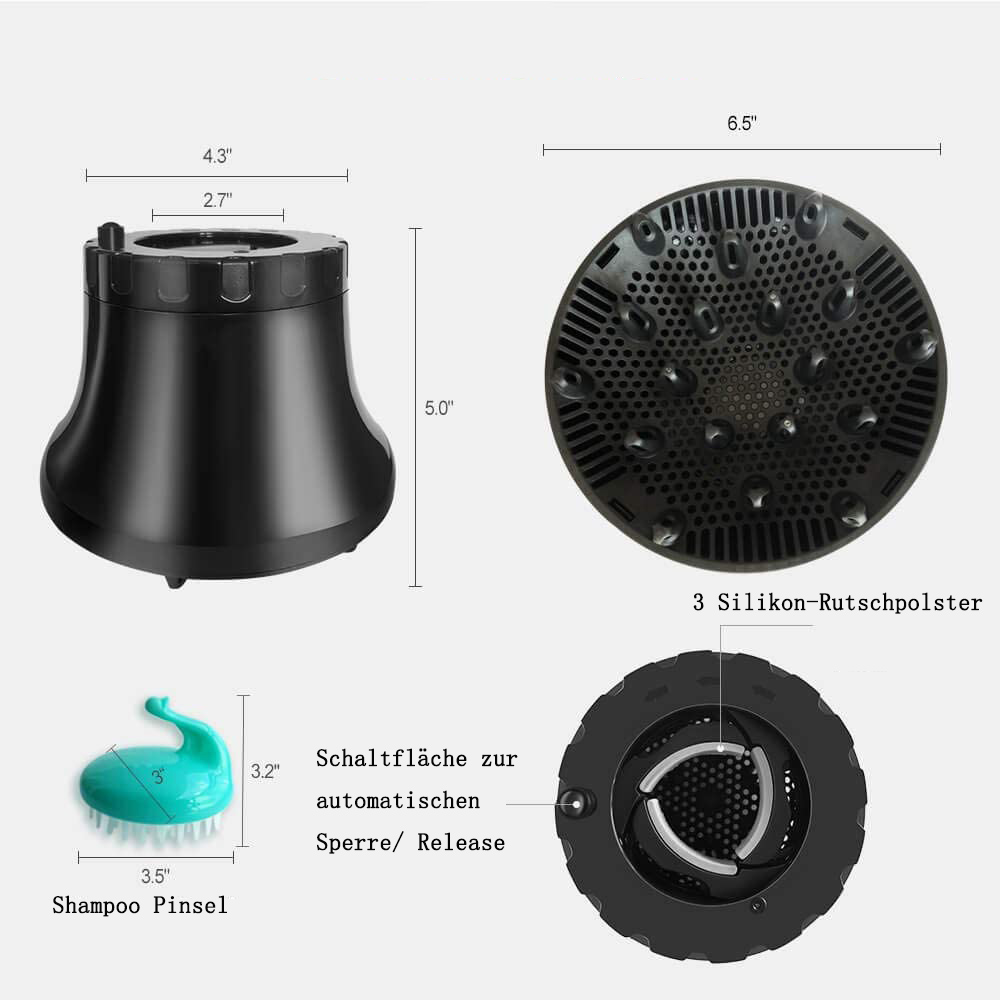 Das Bild zeigt Haarstyling-Werkzeuge: einen schwarzen Diffusor, eine türkisfarbene Shampoobürste und eine schwarze Komponente mit einem Knopf.