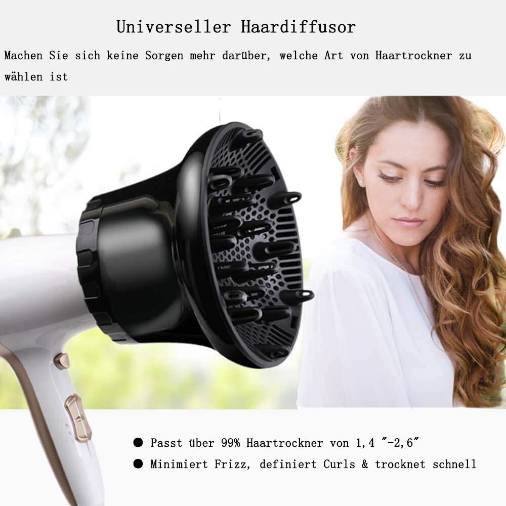Ein Haartrockner mit schwarzem Diffusor wird neben einer Frau mit langem, welligem Haar gezeigt. Text auf Deutsch liefert Produktdetails.