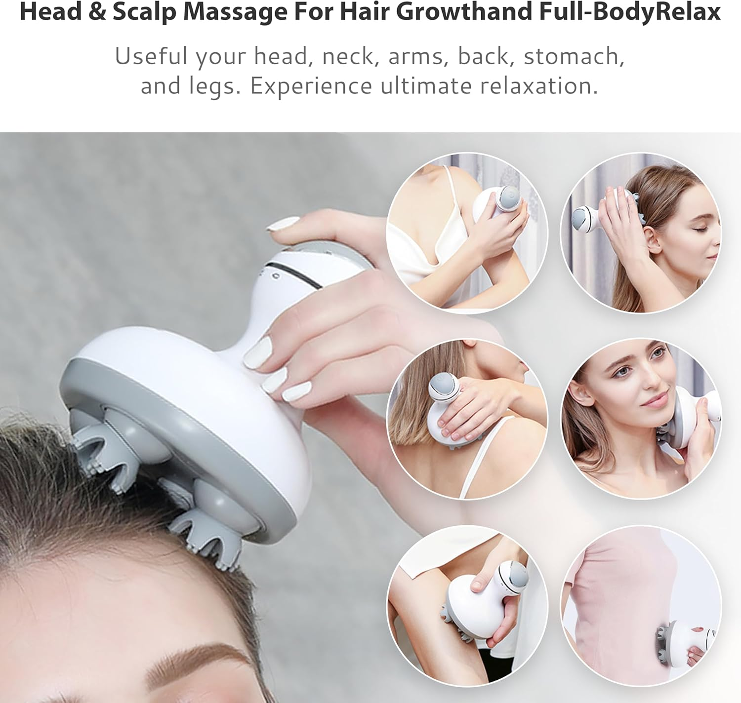 Ein weißes und graues Kopfhautmassagegerät wird auf dem Kopf einer Person verwendet. Kleine Kreise zeigen das Gerät an Hals, Armen und Beinen.