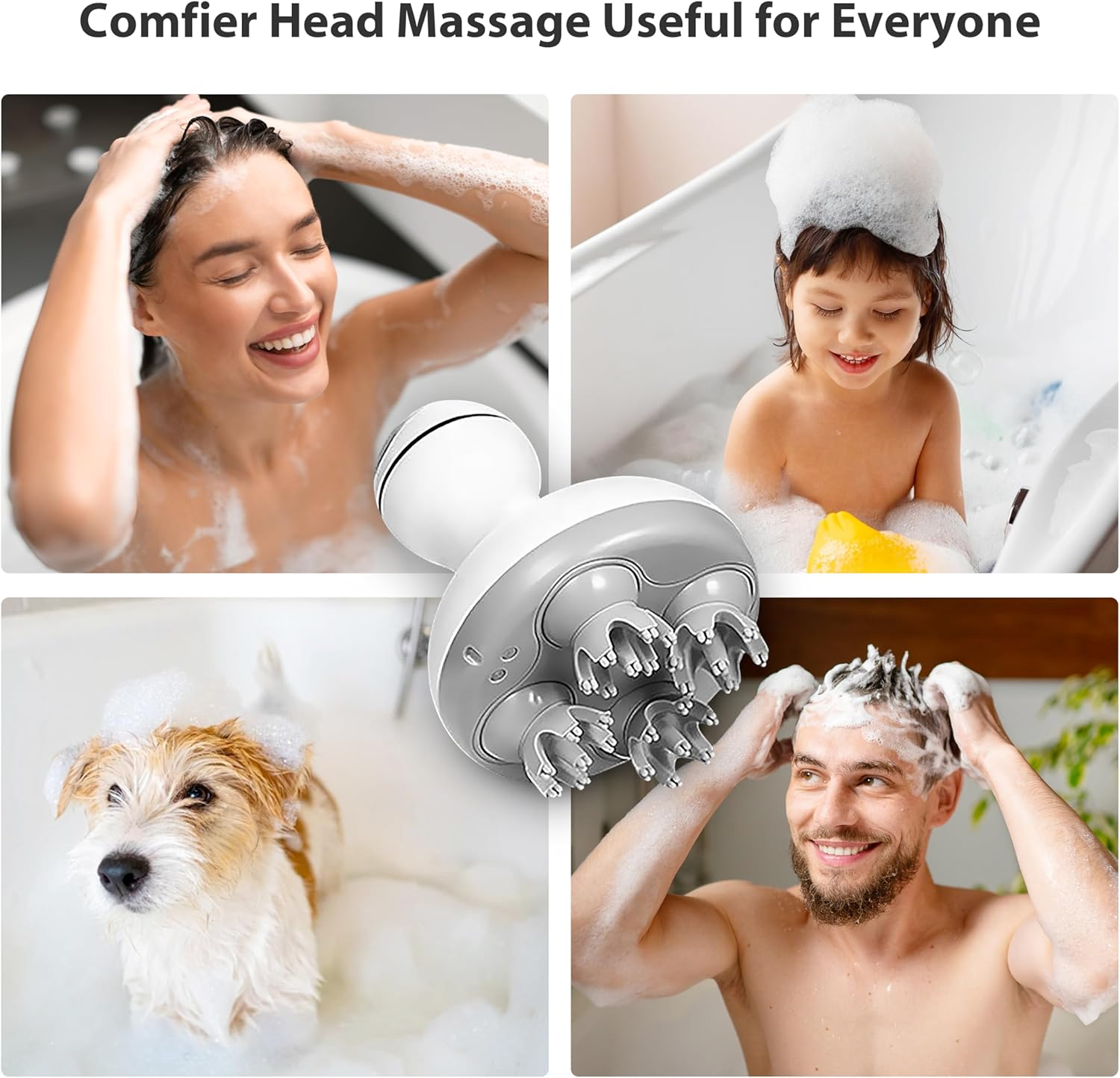Das Bild zeigt Menschen und einen Hund, die eine Kopfmassage genießen. Enthält Nahaufnahmen von Menschen und einem Hund mit Schaum auf dem Kopf.