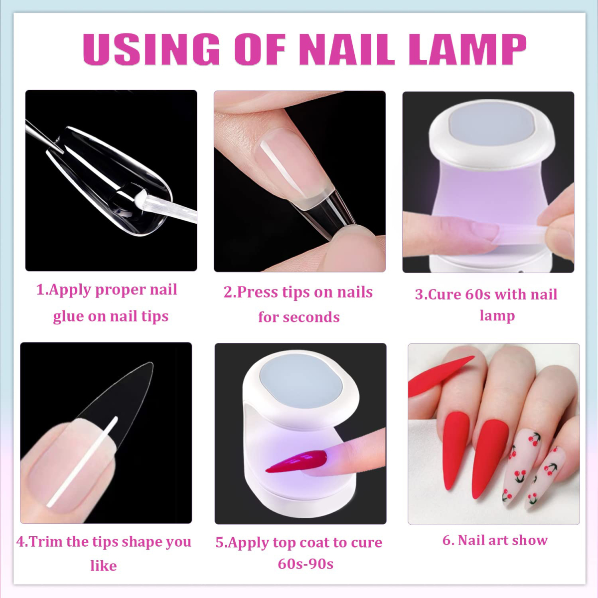 Eine Anleitung zur Verwendung einer Nagellampe. Schritte umfassen das Auftragen von Kleber, das Aufdrücken von Spitzen, das Aushärten, das Trimmen, das Auftragen von Decklack und schließlich Nailart.