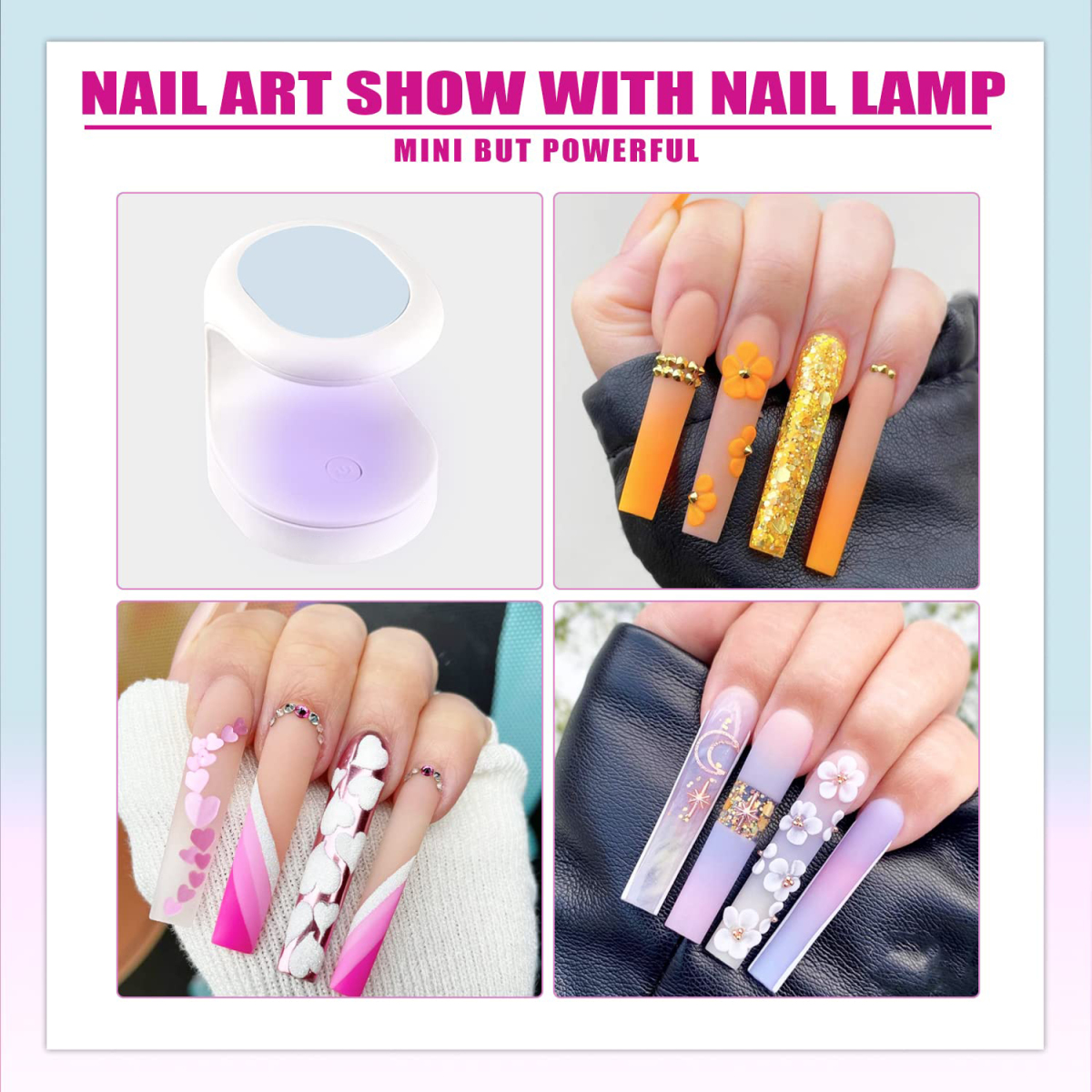 Das Bild zeigt eine Nagelkunst-Show. Es umfasst eine UV-Nagellampe und Nahaufnahmen von langen Nägeln, die mit Designs und Edelsteinen verziert sind.