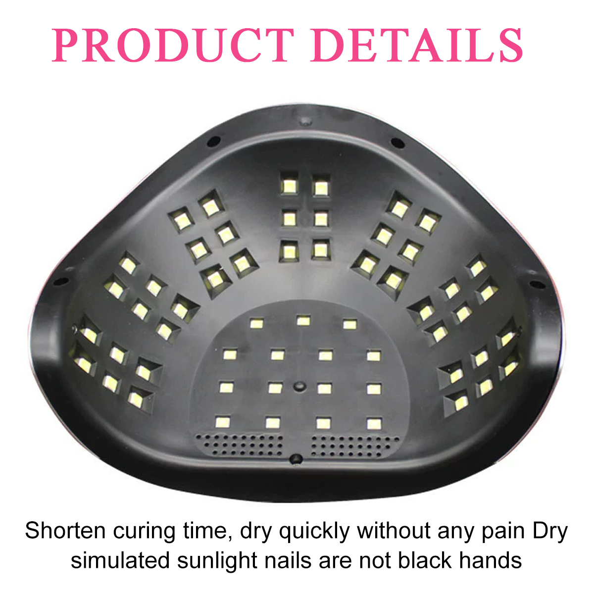 Schwarze Nagellampe mit vielen kleinen Lichtern im Inneren. Rosa Text oben lautet 'PRODUCT DETAILS'.