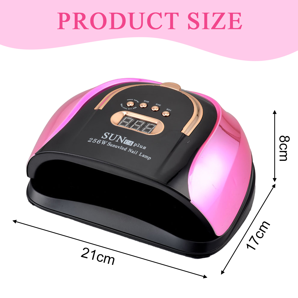 Rosa-schwarze Nagellampe mit Digitalanzeige, Abmessungen 21 cm x 17 cm x 8 cm. Aufschrift: 'SUN C4 plus 256W Sunuvled Nail Lamp'.