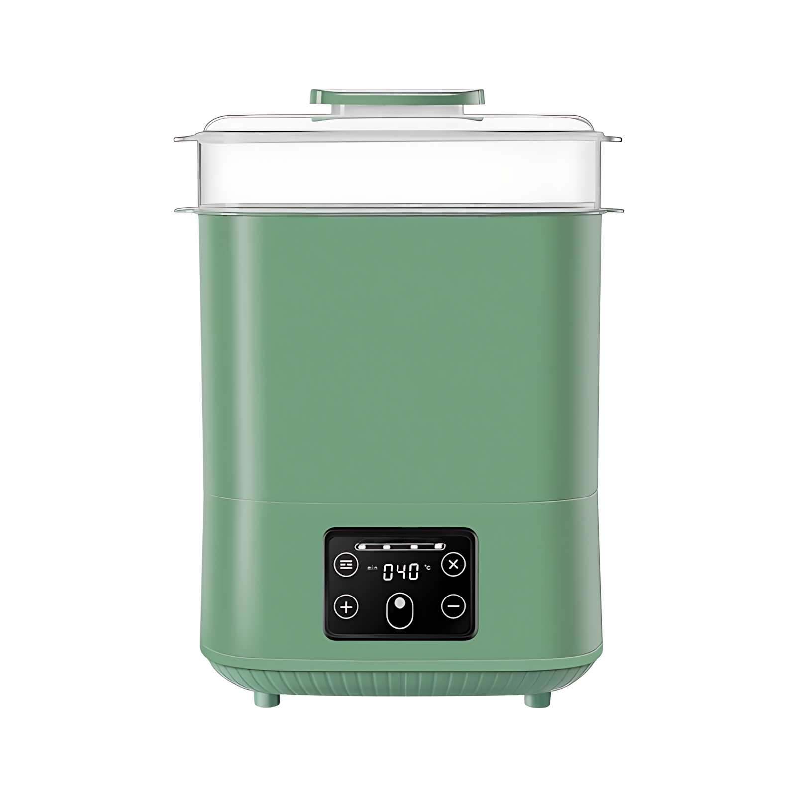 Grüner Babyflaschensterilisator. Hat eine transparente Oberseite und ein Digitaldisplay mit 040 Grad. Knöpfe zur Steuerung sind sichtbar.