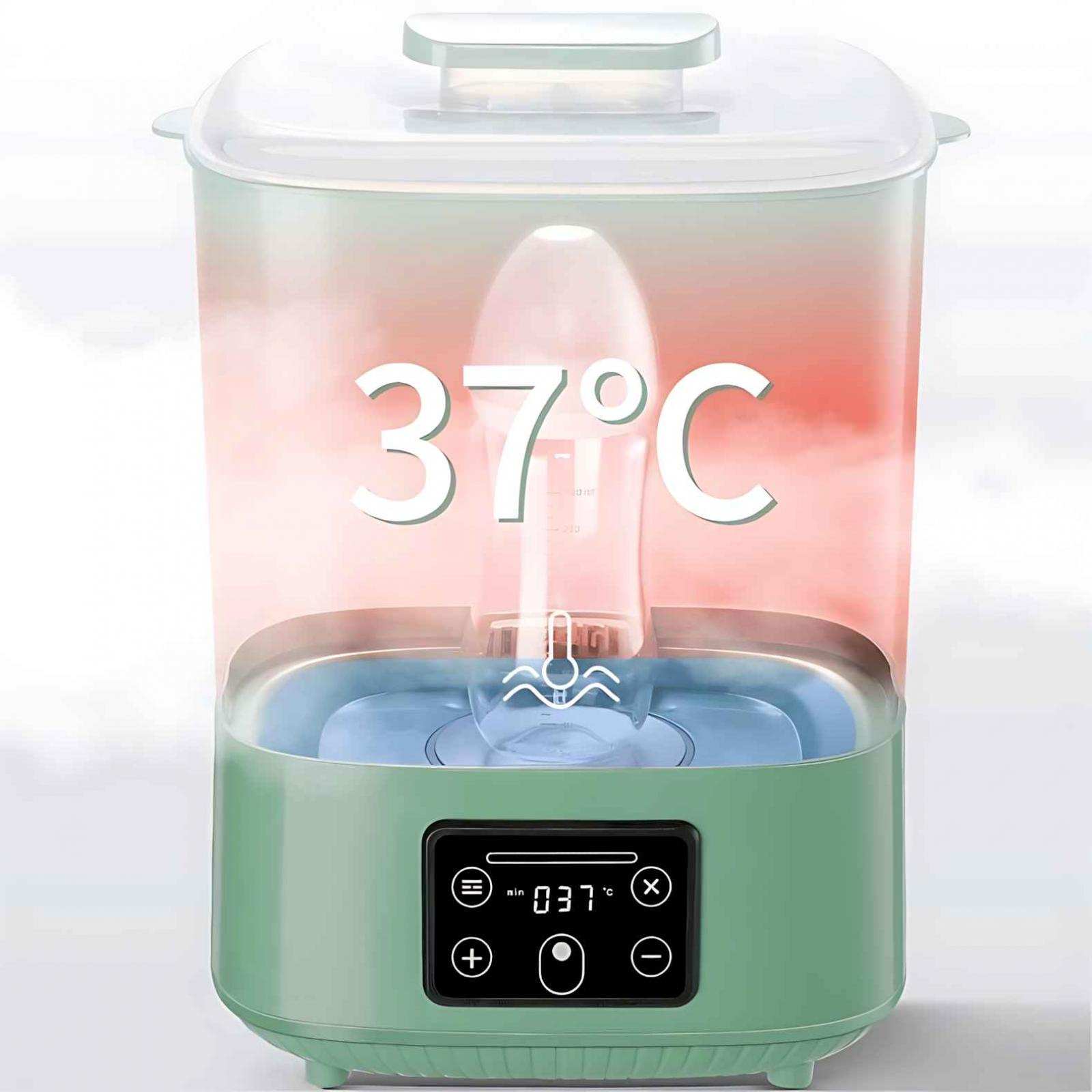 Grüner und weißer Babyflaschenwärmer. Zeigt 37°C an. Enthält einen digitalen Bildschirm und eine Flasche.