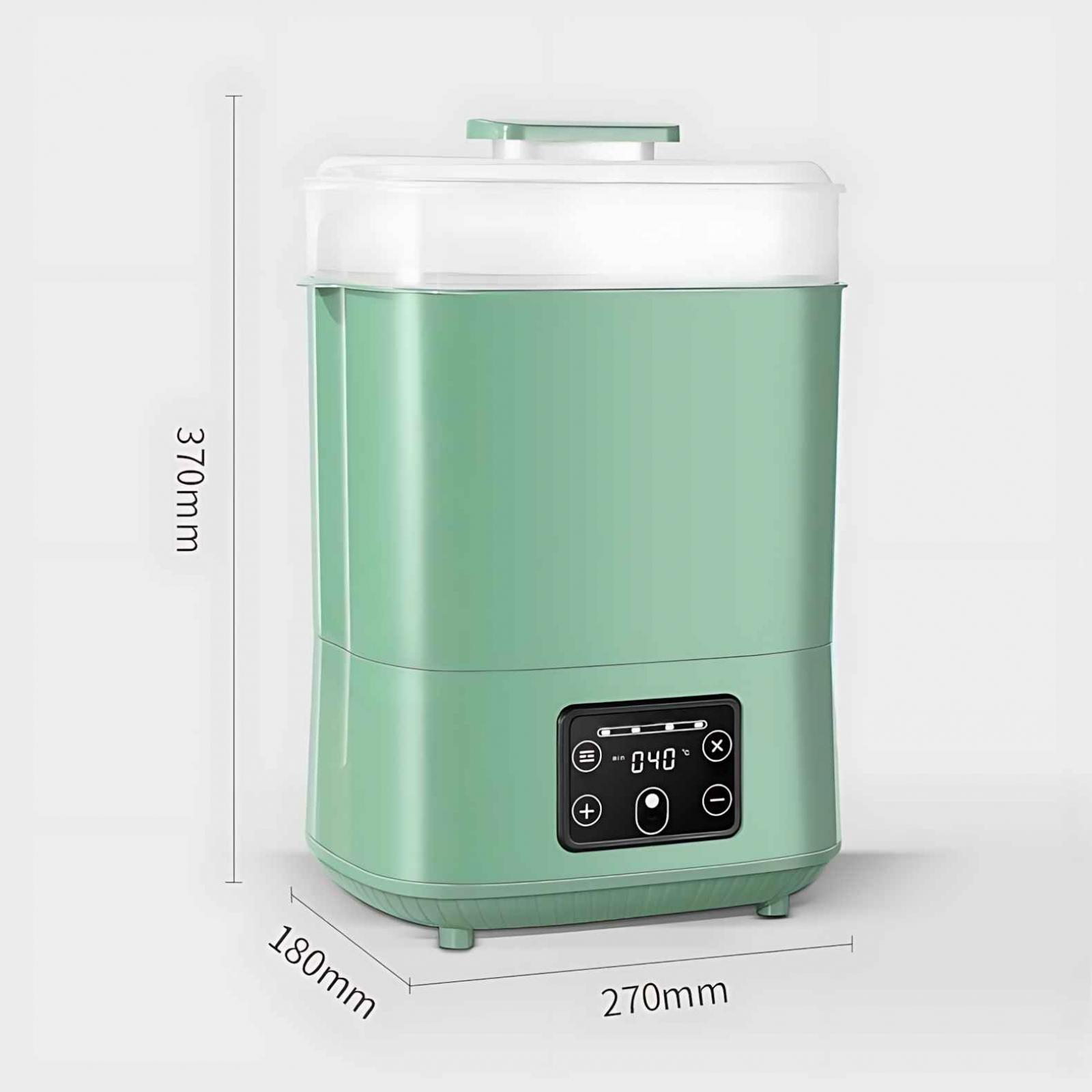 Ein mintgrüner Babyflaschensterilisator mit weißem Deckel. Er hat ein digitales Display und die Abmessungen sind angegeben.