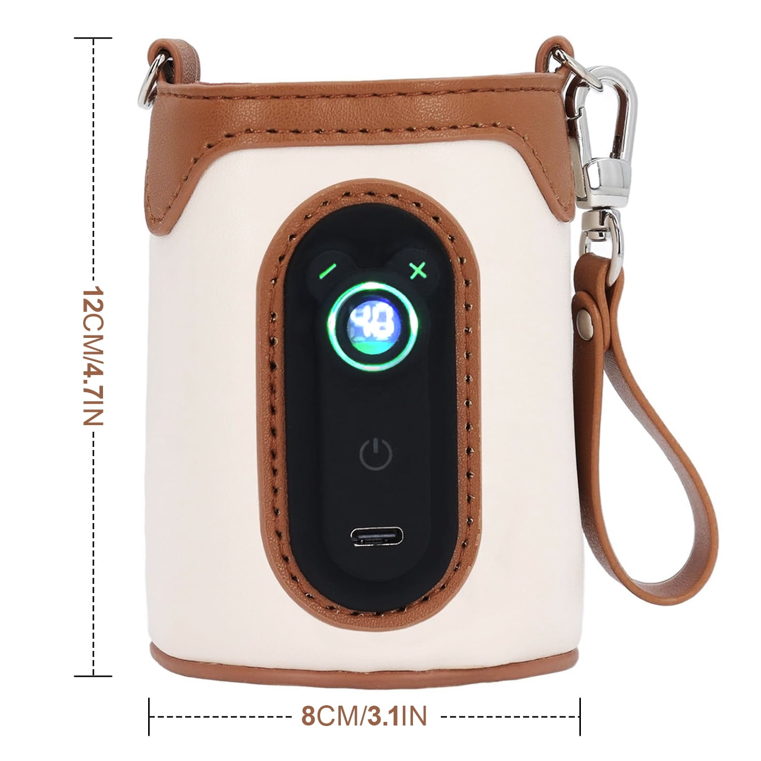 Eine weiß-braune Ledertasche mit Digitalanzeige. Sie hat einen Riemen und einen Karabiner.
