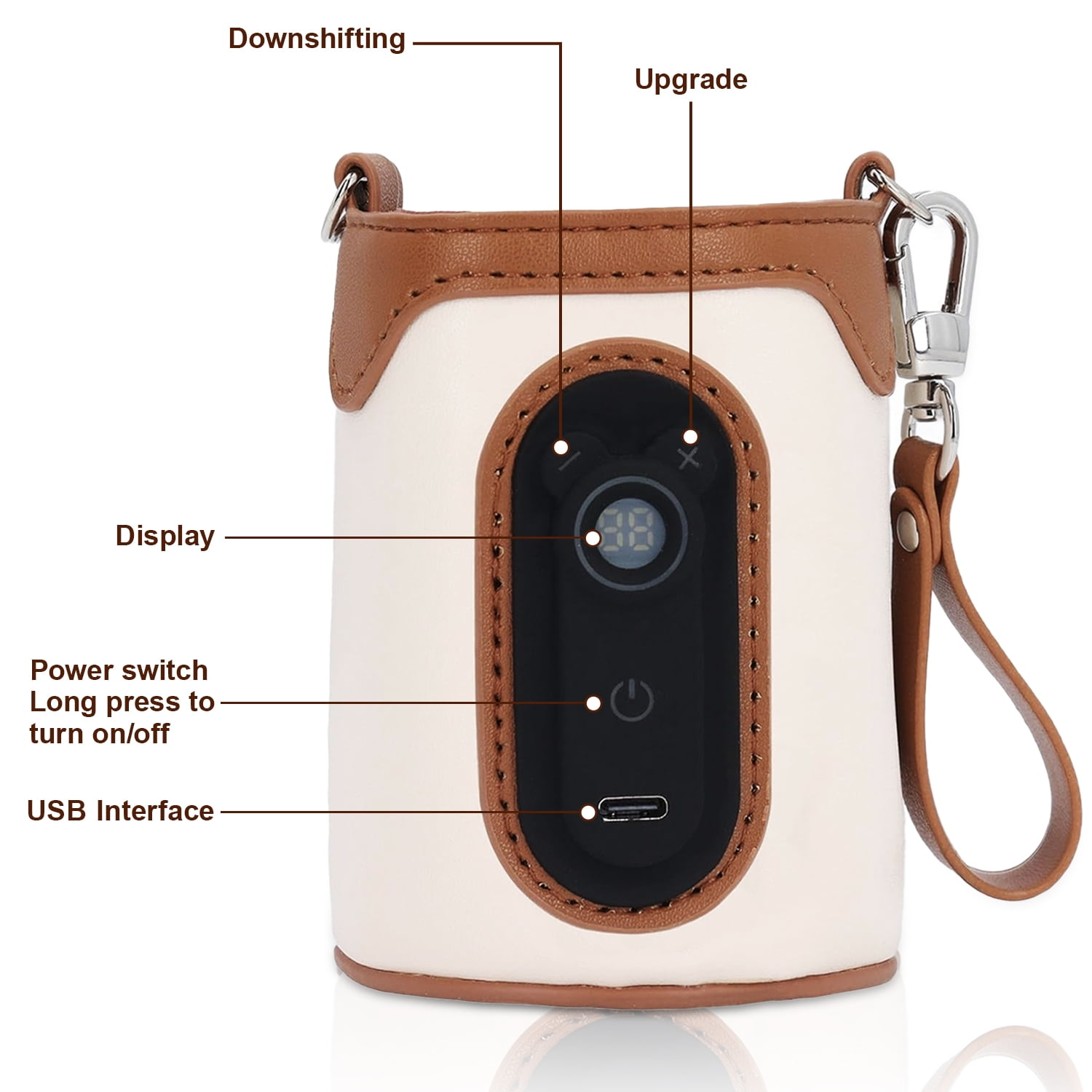 Creme- und brauner isolierter Flaschenwärmer. Er hat ein Digitaldisplay, einen Ein-/Ausschalter, eine USB-Schnittstelle und einen Griff.