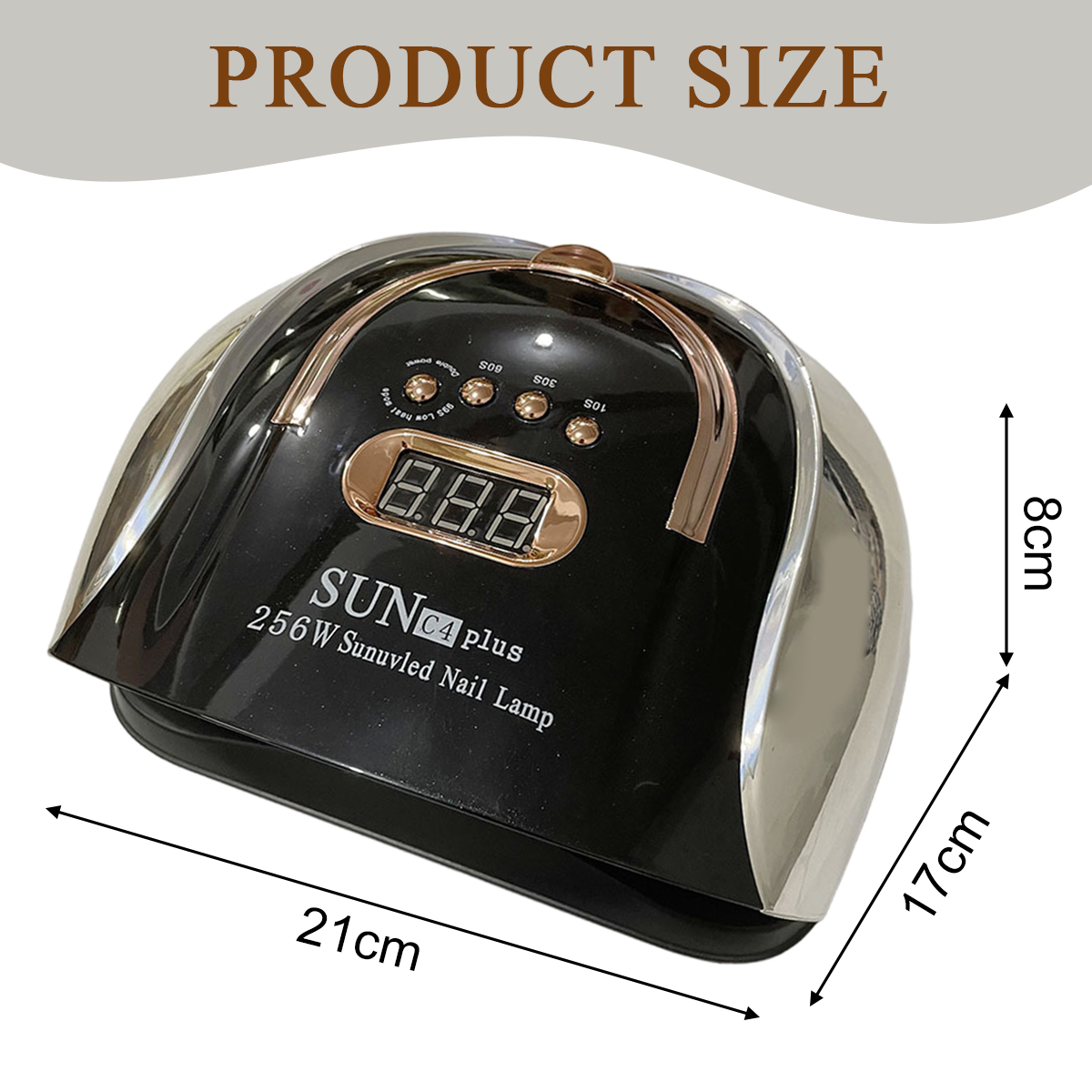 Eine schwarz-silberne Nagellampe mit Digitalanzeige. Abmessungen: 21 cm, 17 cm und 8 cm.