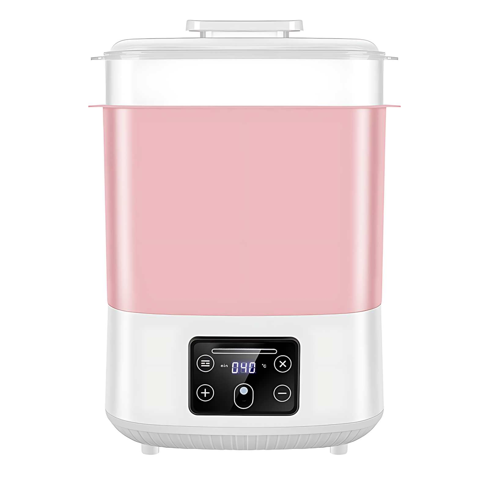 Ein rosa-weißer Babyflaschensterilisator. Er hat ein digitales Display und Bedientasten.
