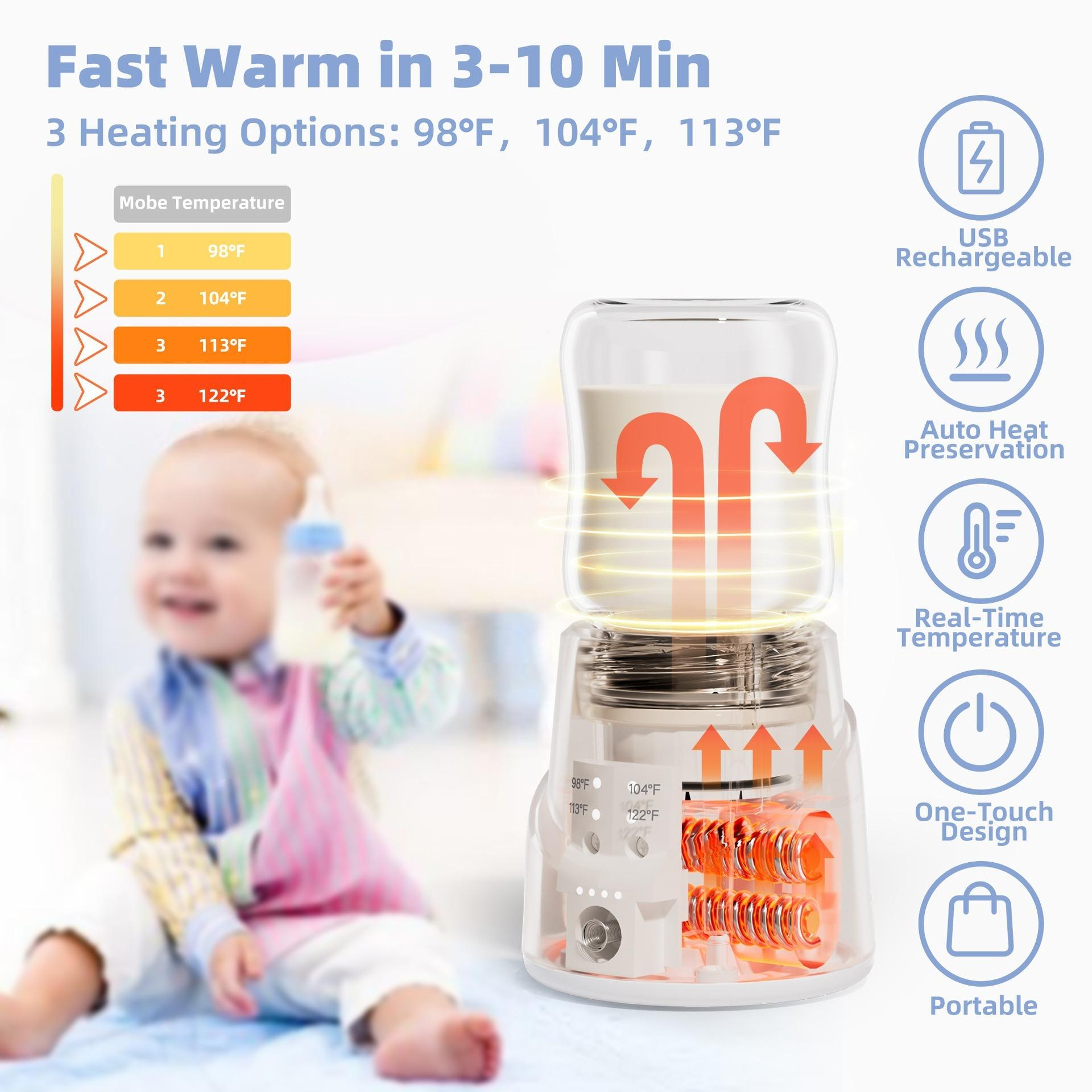 Ein Babyflaschenwärmer mit Baby im Hintergrund. Merkmale umfassen Heizoptionen und One-Touch-Design.
