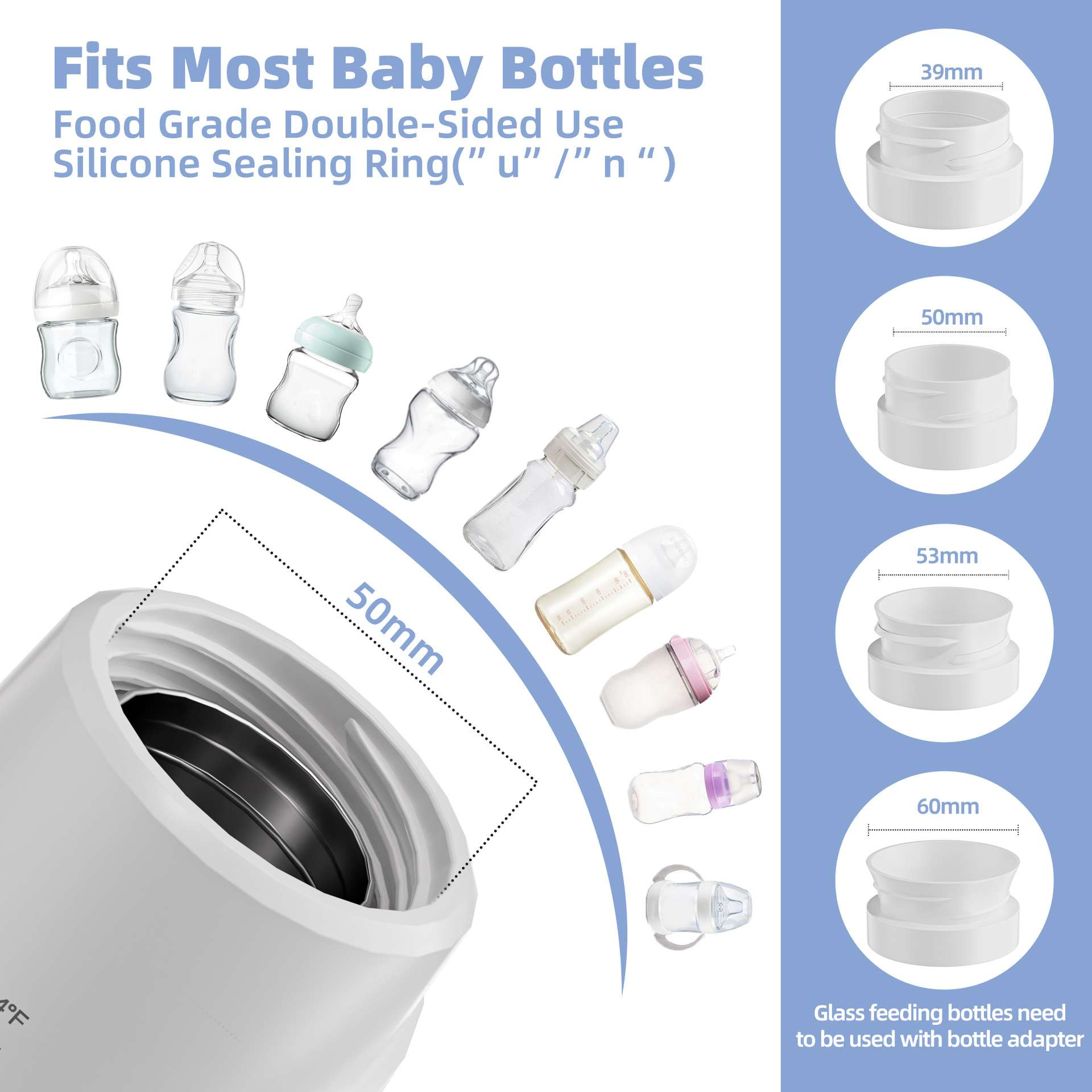 Das Bild zeigt Babyflaschen und -teile. Der Text lautet: Passend für die meisten Babyflaschen, lebensmittelechter, doppelseitiger Silikondichtungsring.
