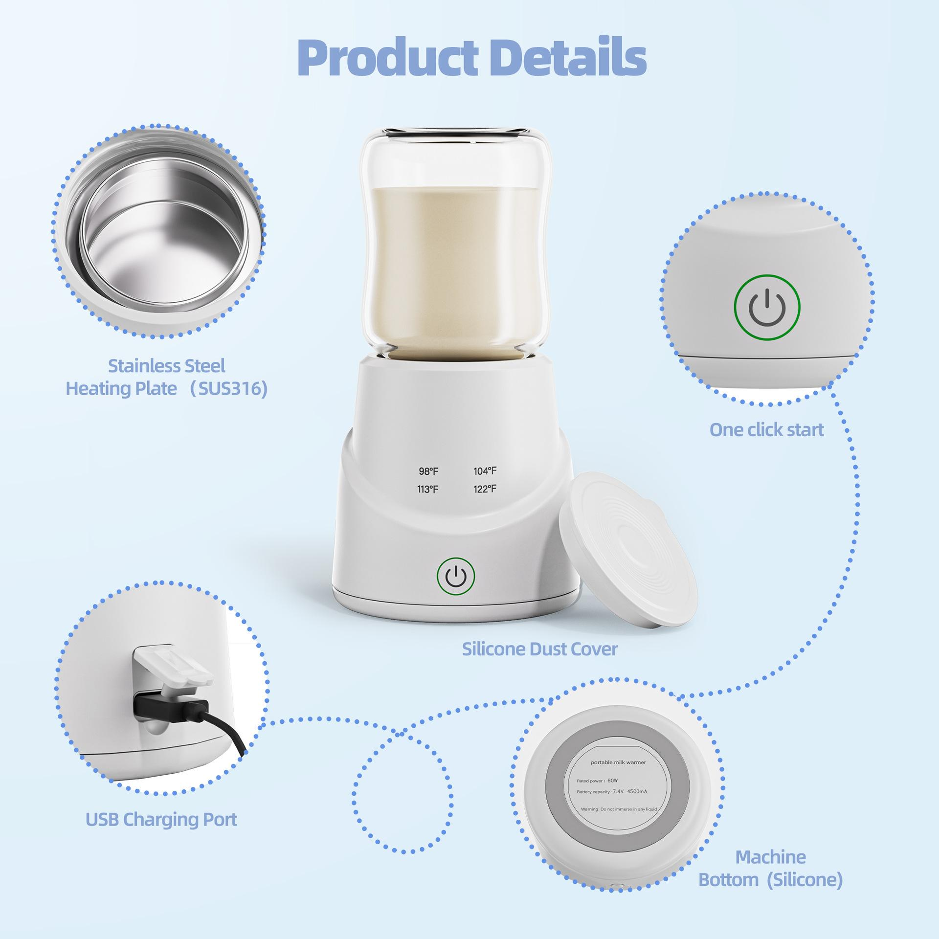 Ein weißer Babyflaschenwärmer mit Details: Edelstahlplatte, Ein-/Aus-Taste, USB-Anschluss und Silikonabdeckung. Temperaturen sind aufgelistet.