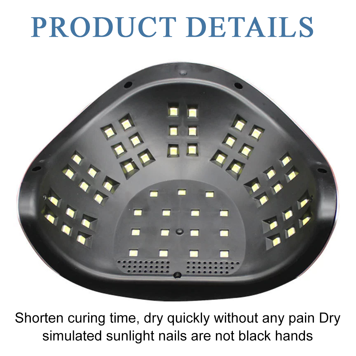 Eine schwarze Nagelhärtungslampe mit zahlreichen gelben Lichtern. Oben steht der Text 'PRODUCT DETAILS'. Darunter steht Text über die Funktion der Lampe.