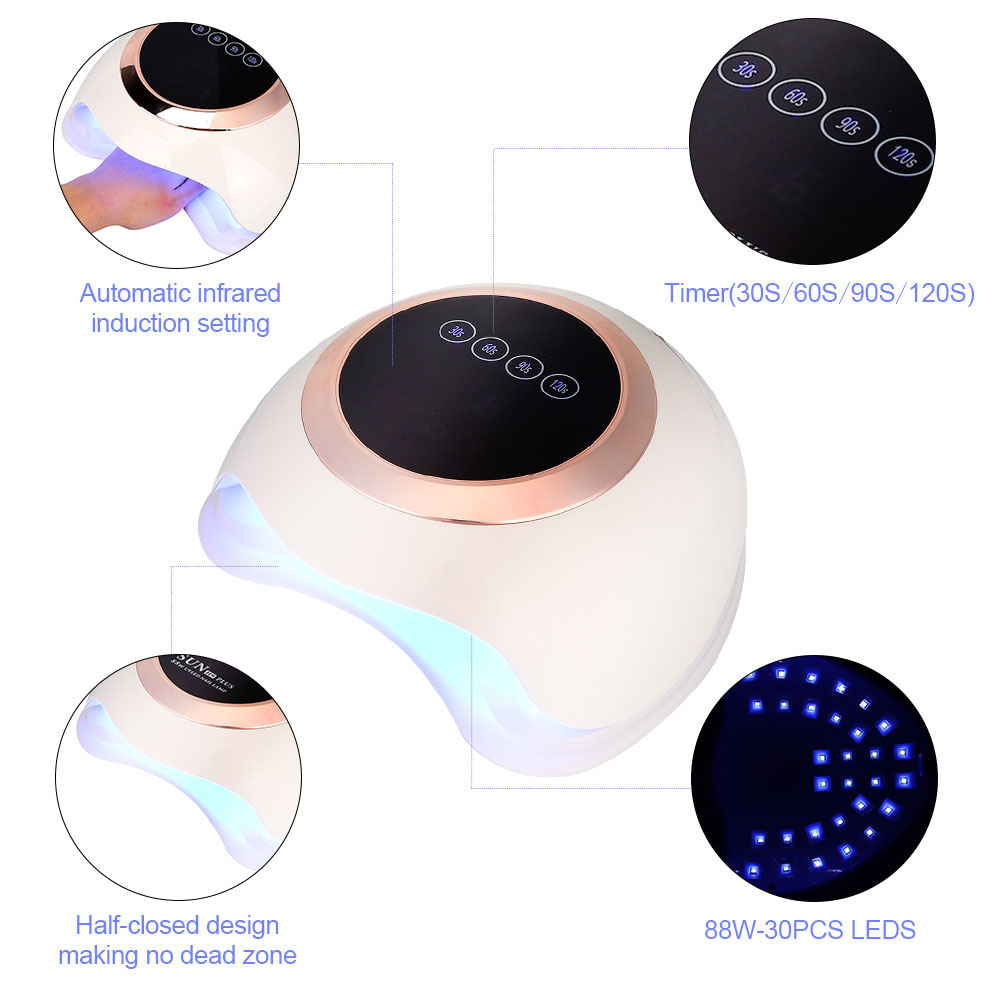 Weißer Nageltrockner mit roségoldfarbenem Besatz. Zeigt Timer-Optionen und LED-Leuchten an. Merkmale: Infrarot-Einstellung und halbgeschlossenes Design.