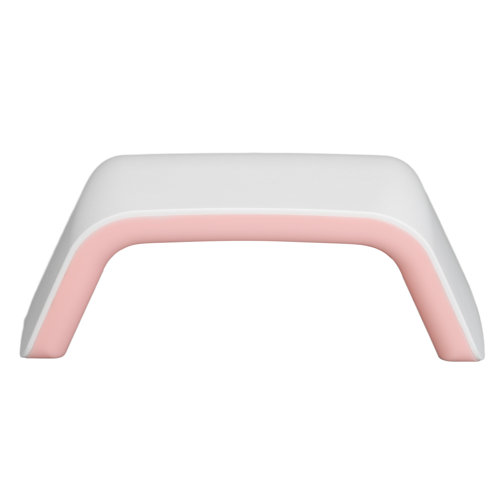 Eine weiße und rosa Nagellampe. Es hat eine abgerundete rechteckige Form mit einem Bogen.