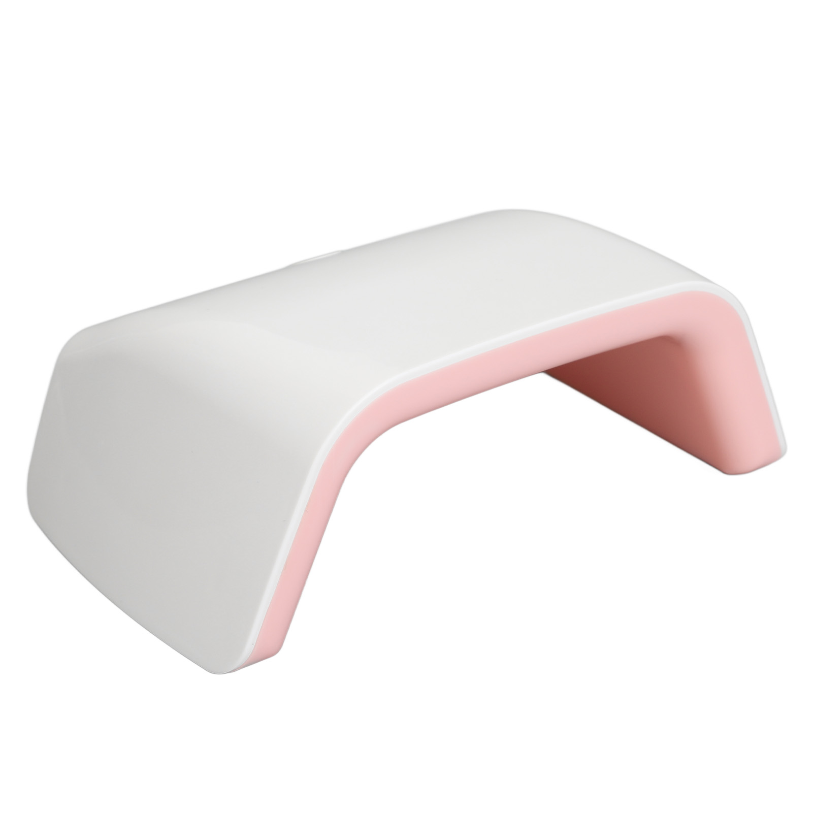 Eine weiße und rosa Nagellampe. Sie hat ein geschwungenes Design mit weißer Oberseite und rosa Innenraum.