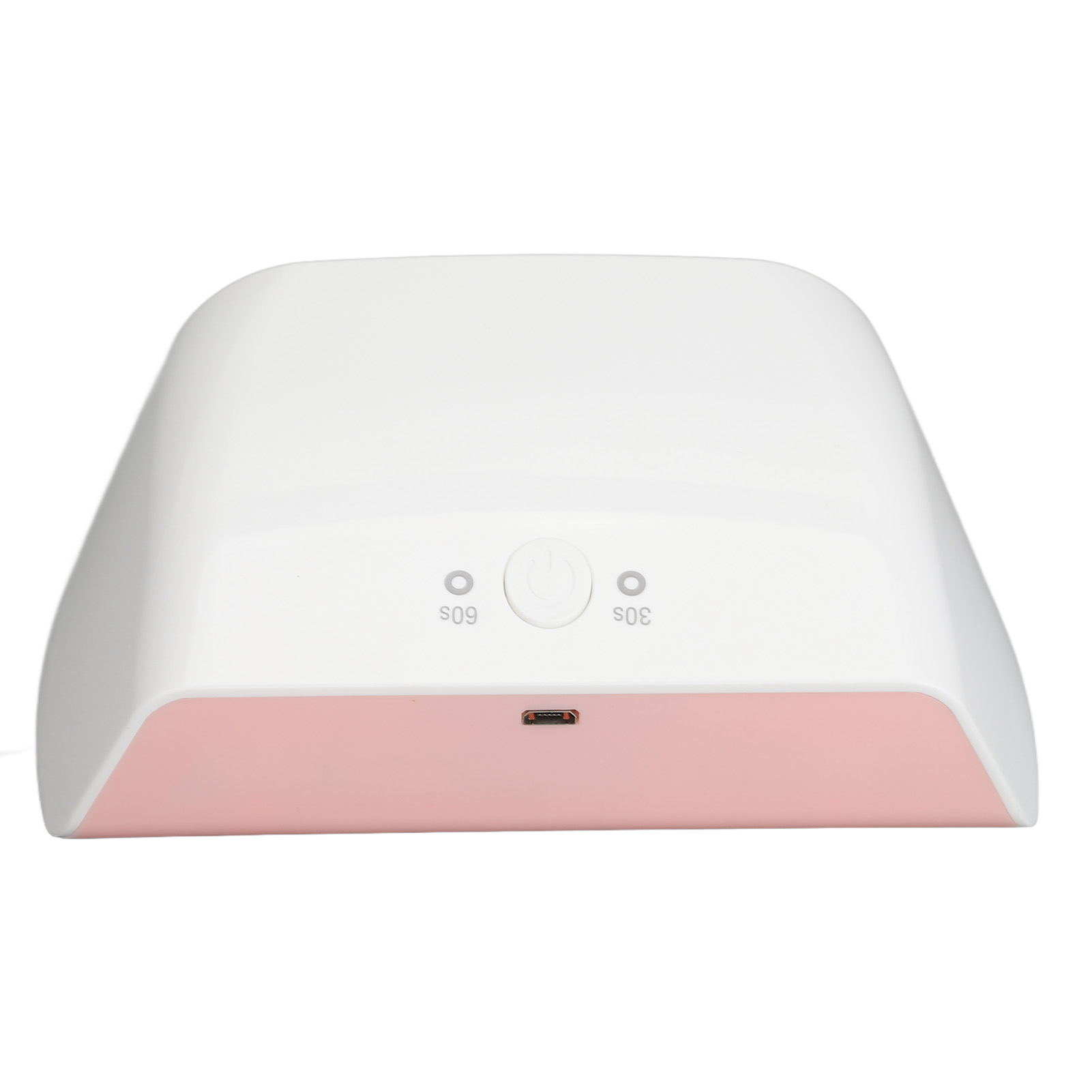 Eine weiße und rosa Nagellampe. Sie hat Tasten für 60s und 30s. Ein kleiner USB-Anschluss ist sichtbar.